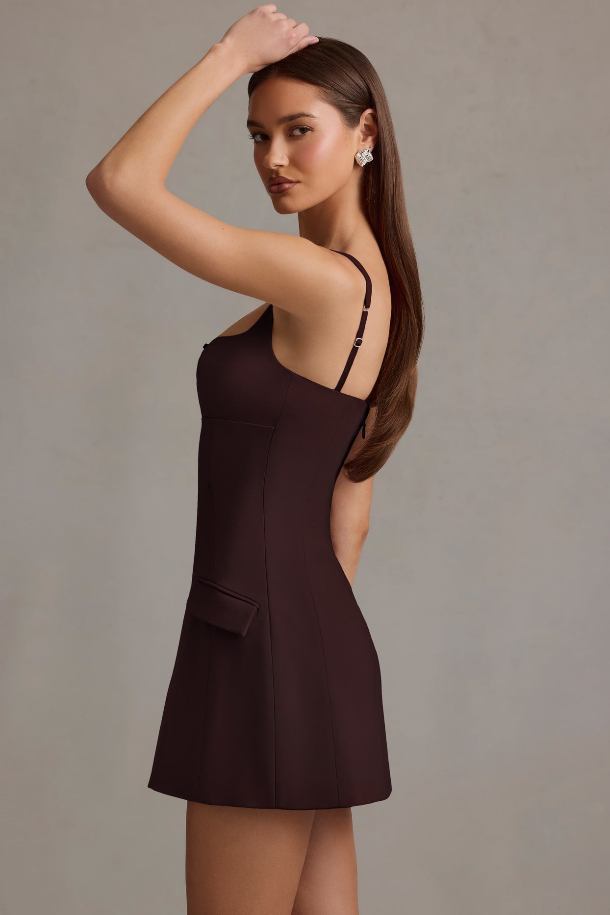 Cut-Out Structured A-Line Mini Dress in Chocolate Brown - 3