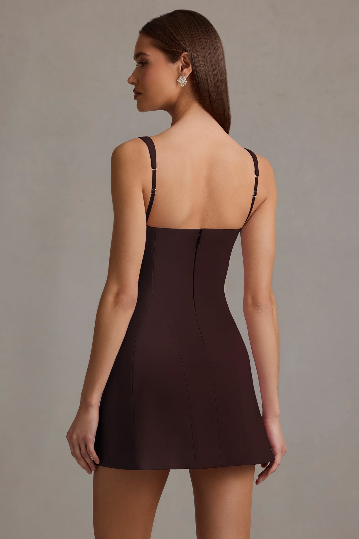 Cut-Out Structured A-Line Mini Dress in Chocolate Brown - 6