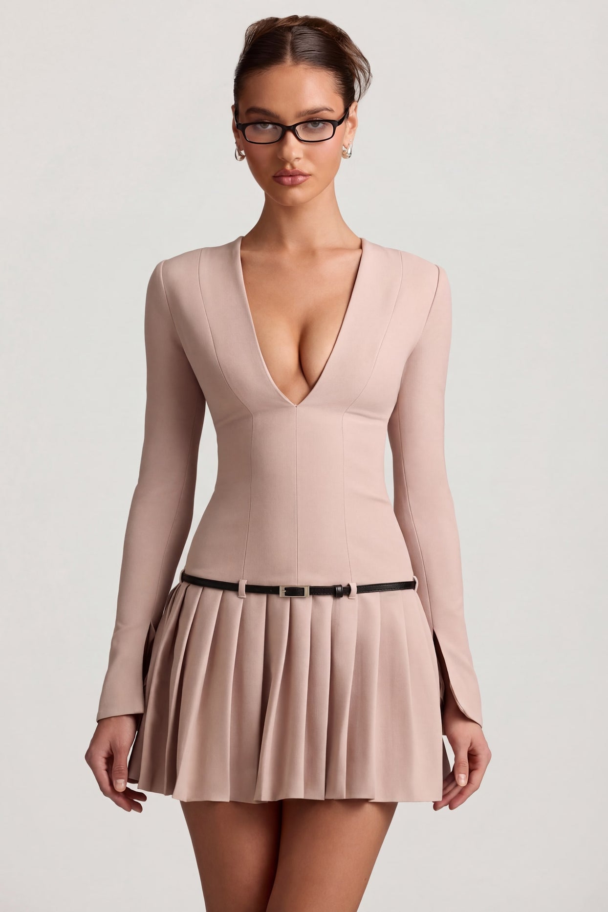 Long-Sleeve Pleated Mini Dress in Mushroom - 1