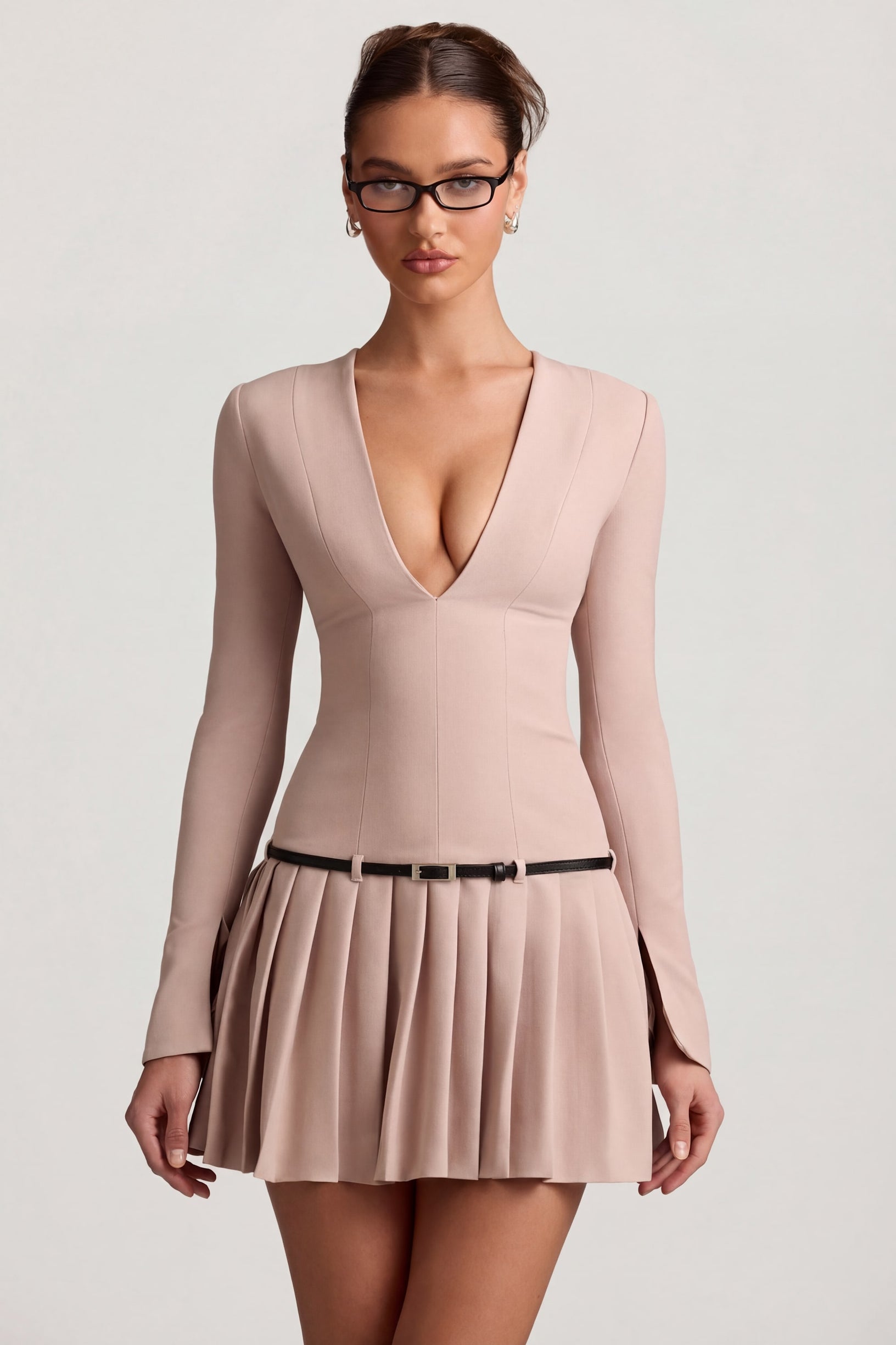 Long-Sleeve Pleated Mini Dress in Mushroom - 1