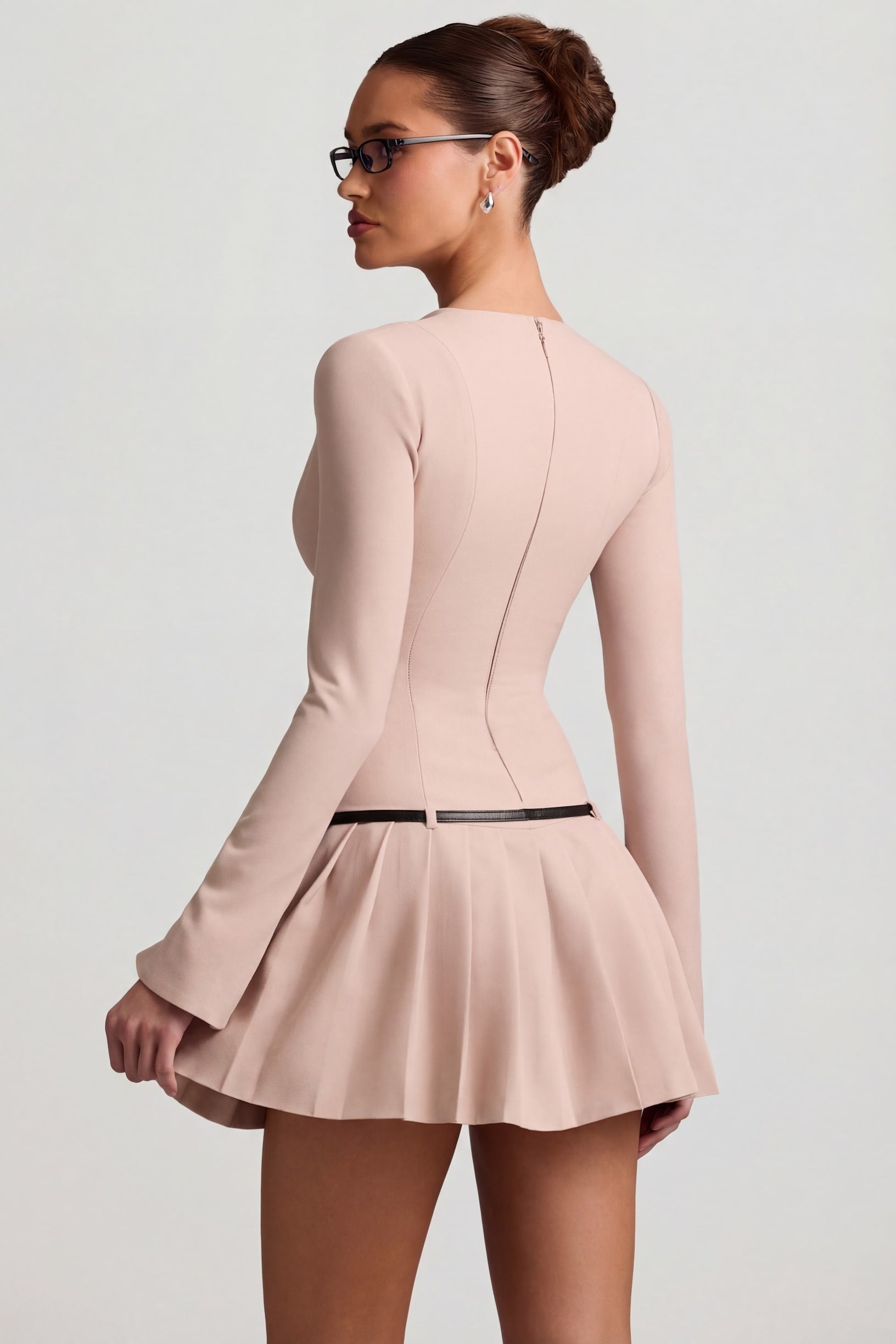 Long-Sleeve Pleated Mini Dress in Mushroom - 2