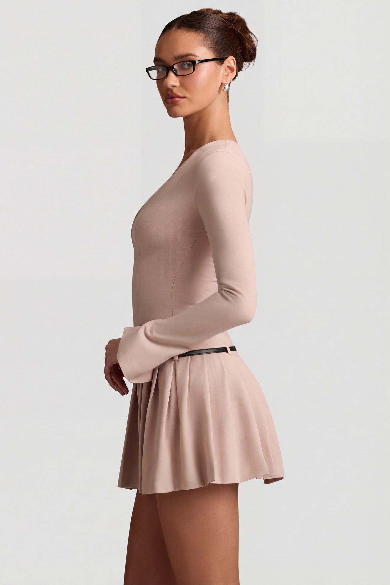 Long-Sleeve Pleated Mini Dress in Mushroom - 3