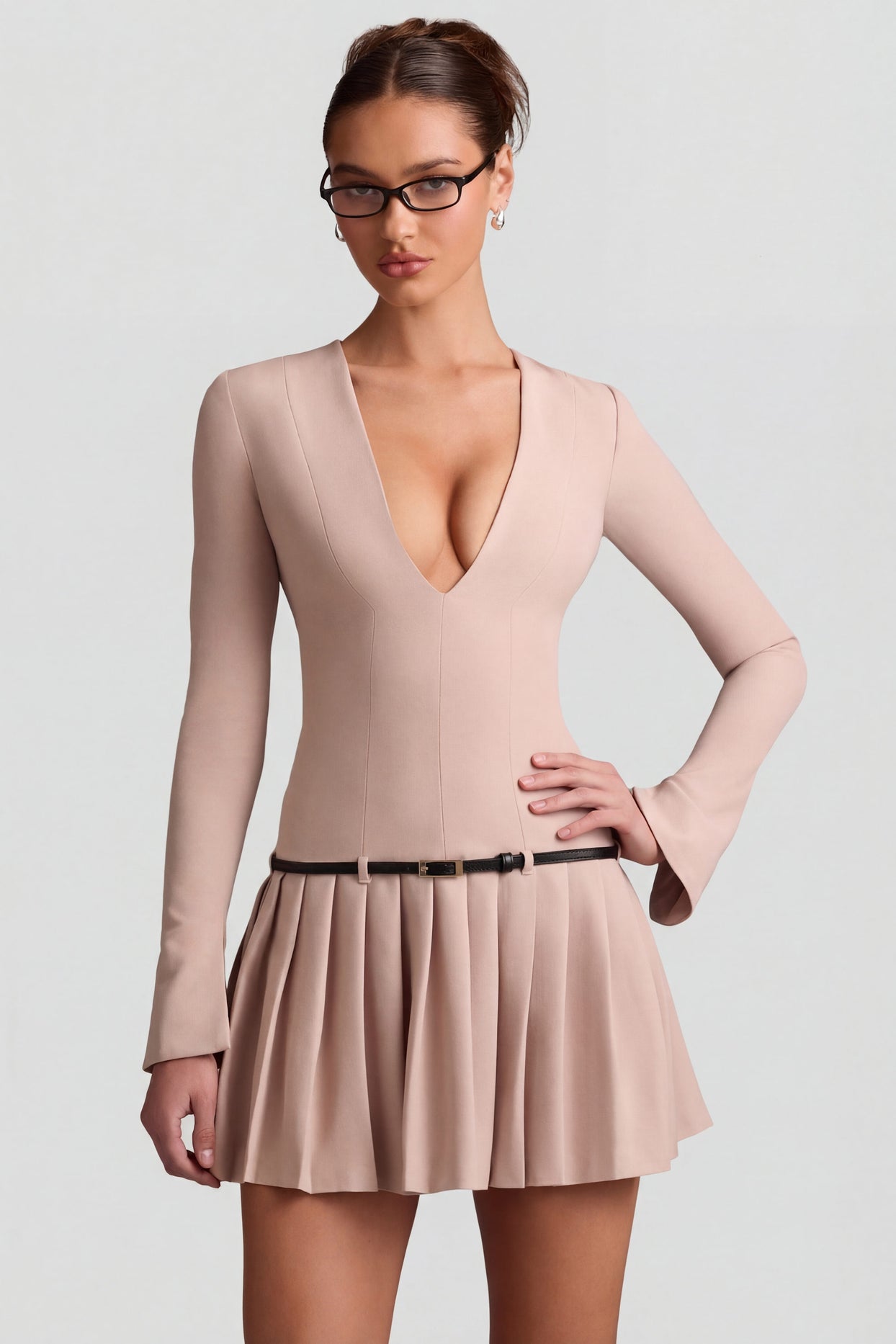 Long-Sleeve Pleated Mini Dress in Mushroom - 6