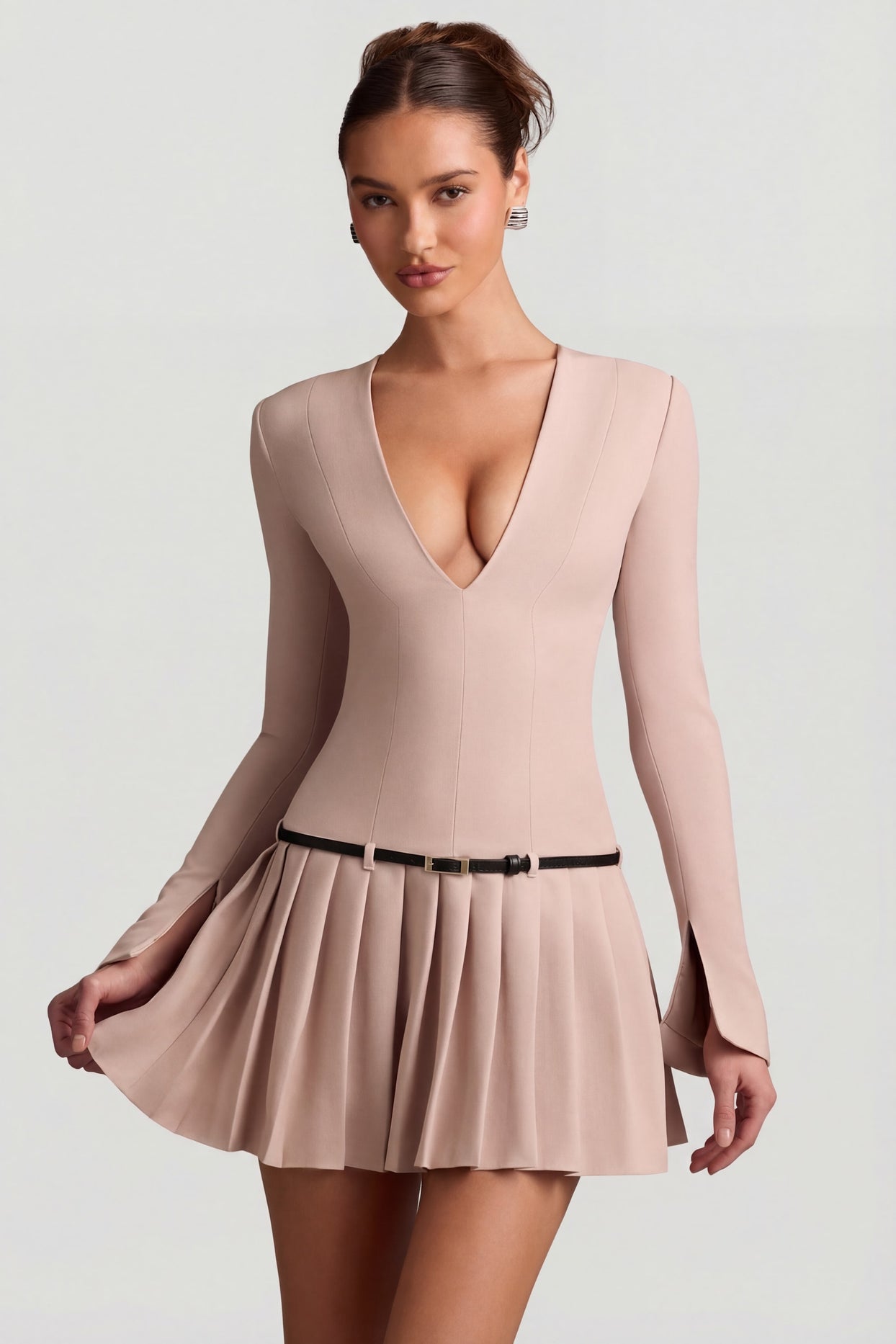 Long-Sleeve Pleated Mini Dress in Mushroom - 7