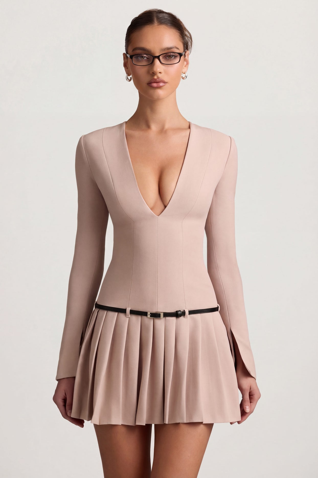 Long-Sleeve Pleated Mini Dress in Mushroom - 8