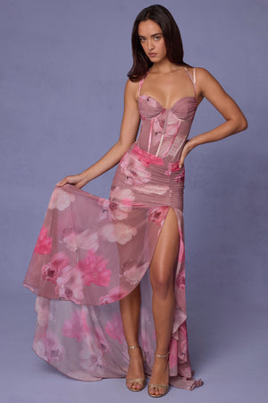 Ruched Asymmetric Corset Gown in Blurred Floral
