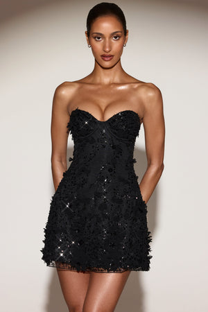 Embellished Bandeau A-line Mini Dress in Black