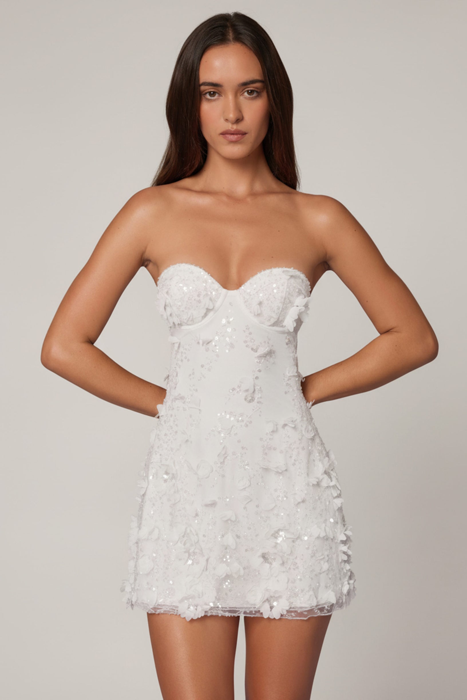 Embellished Bandeau A-line Mini Dress in White - 1