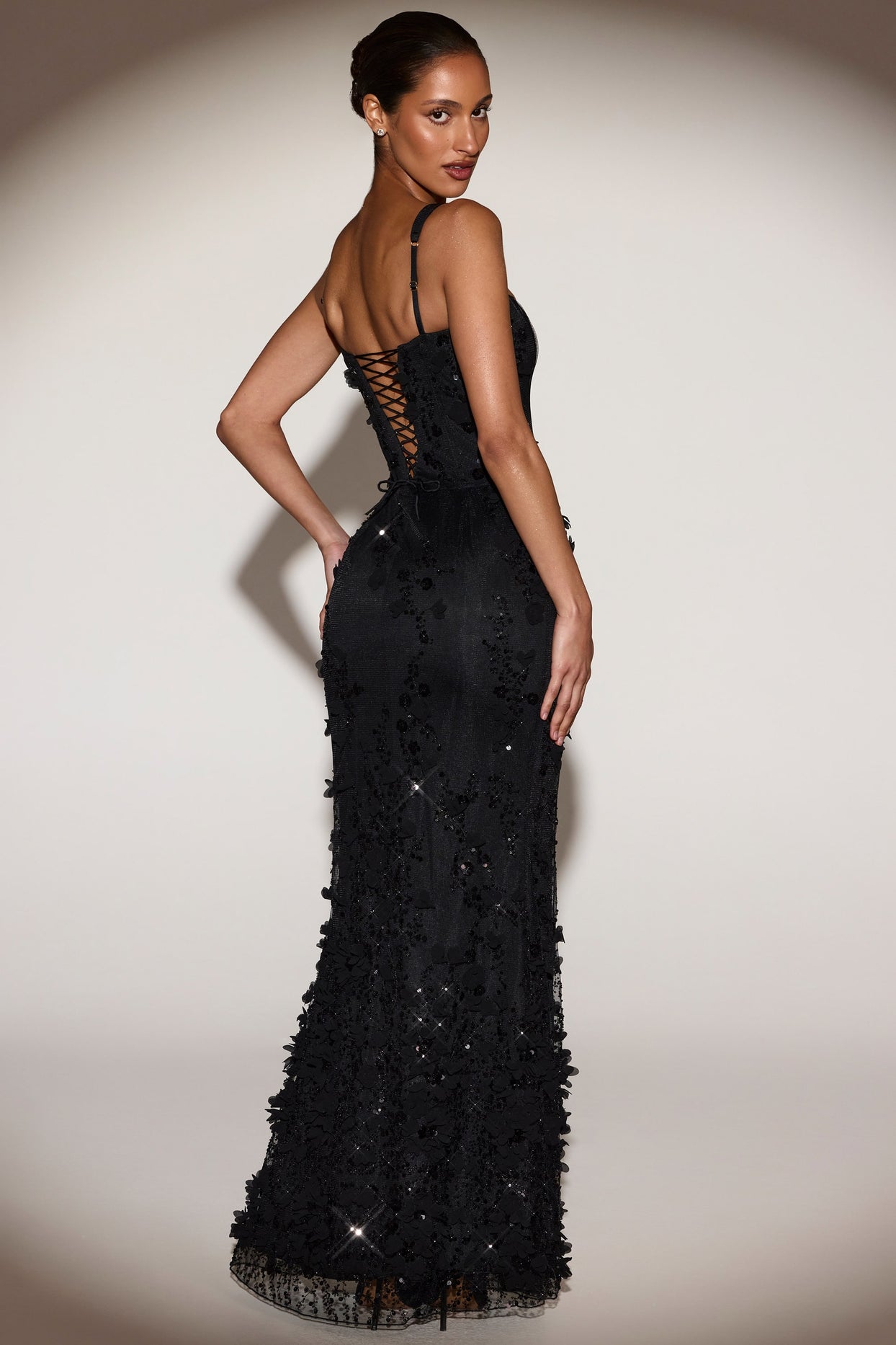 Embellished Appliqué Soft-Scoop Corset Gown in Black - 5