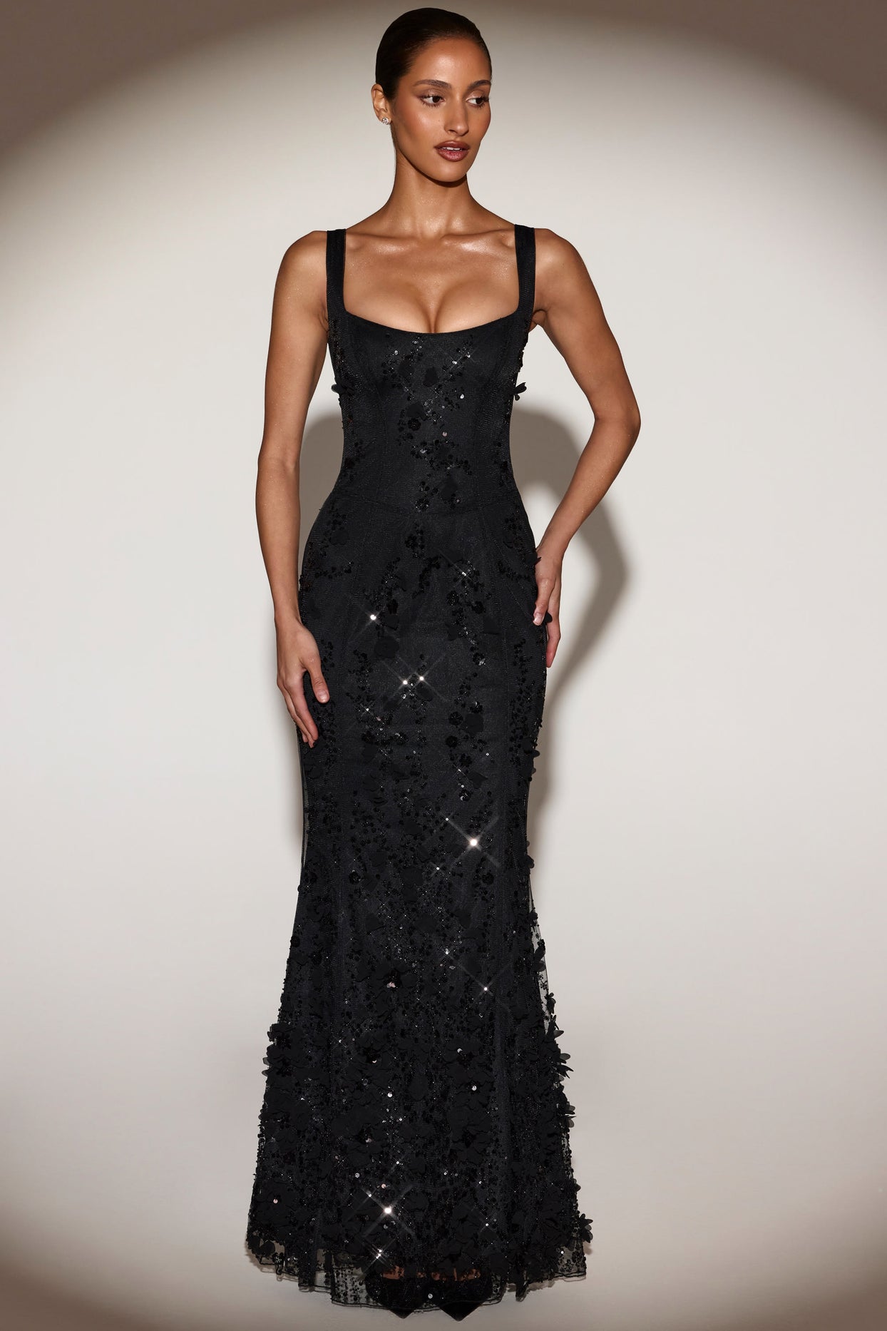 Embellished Appliqué Soft-Scoop Corset Gown in Black - 1