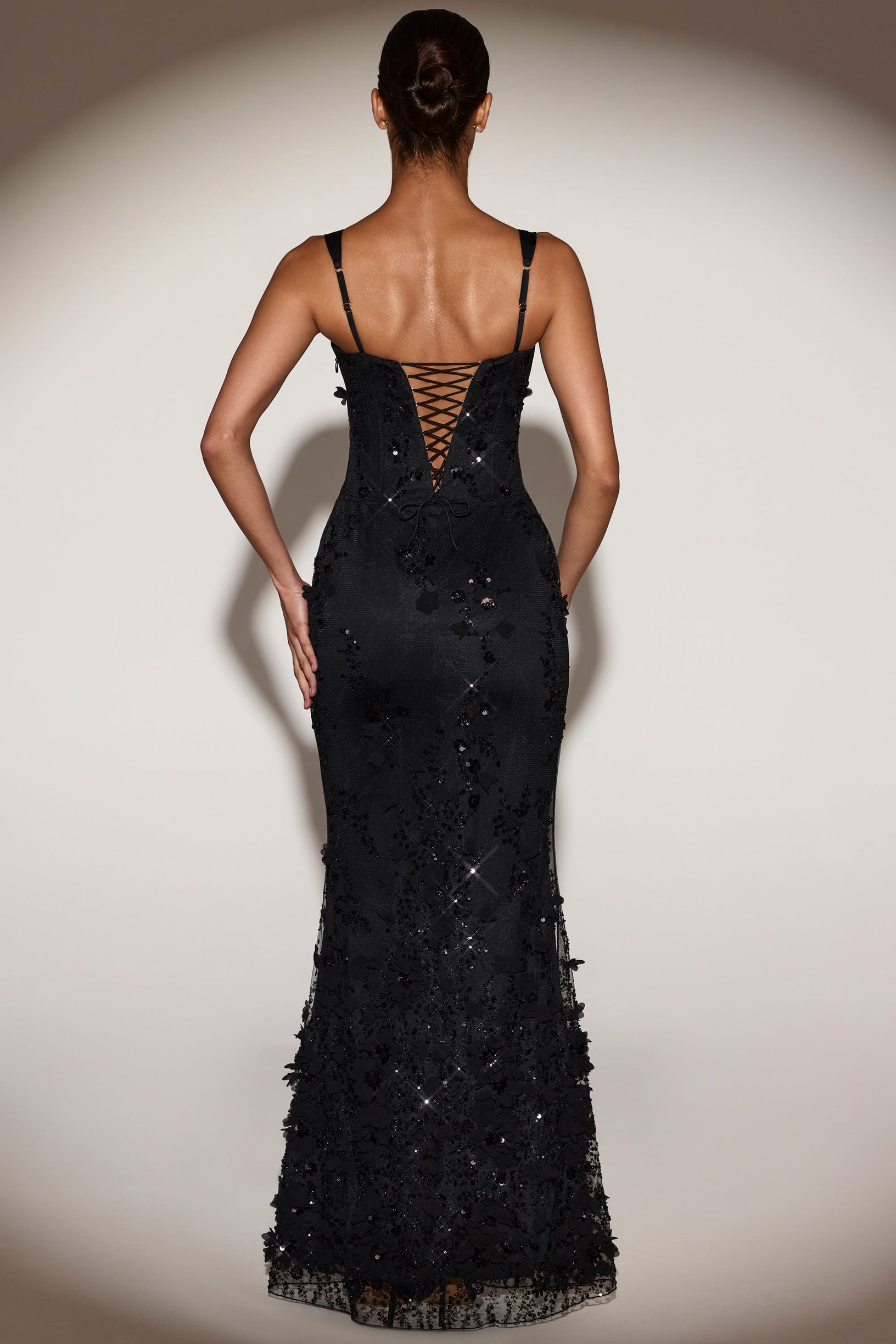 Embellished Appliqué Soft-Scoop Corset Gown in Black - 2