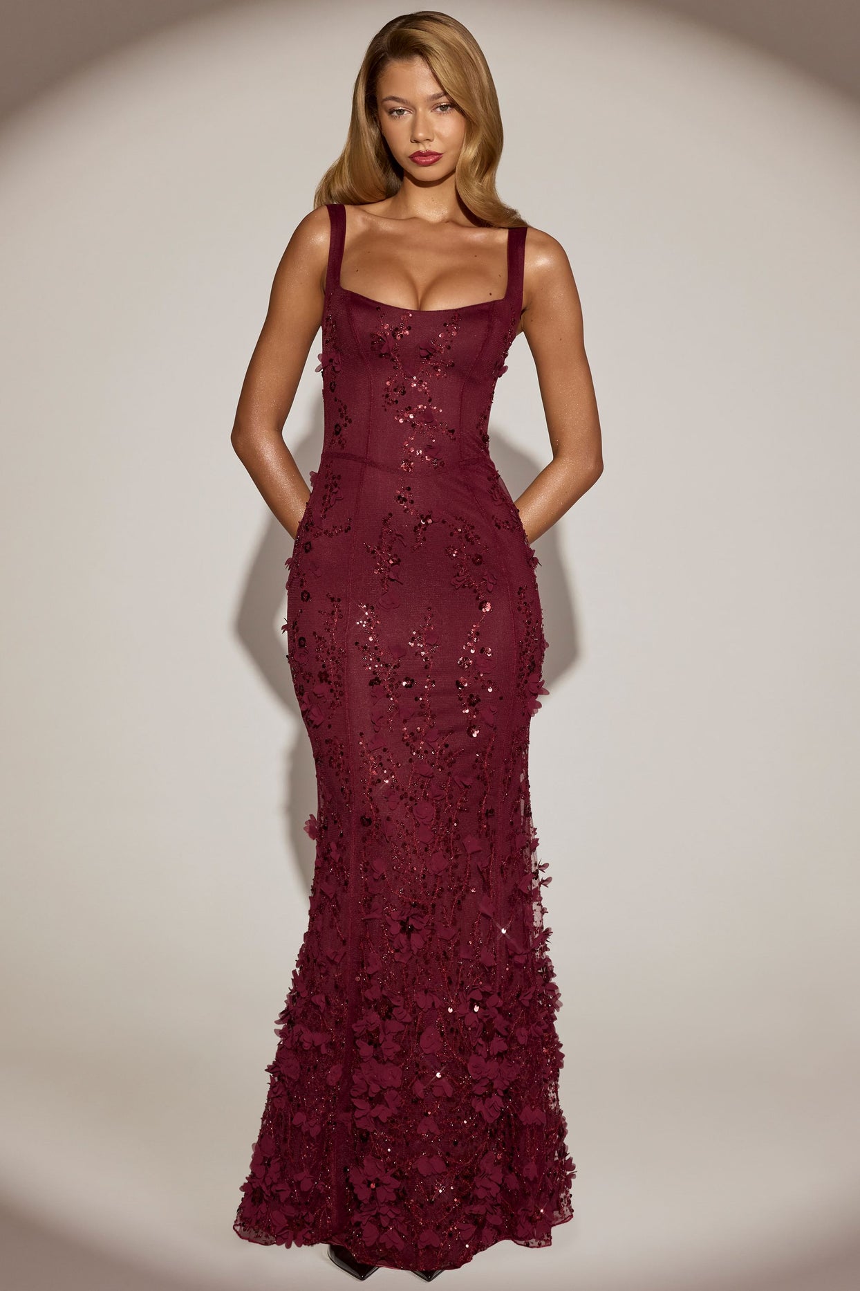 Embellished Appliqué Soft-Scoop Corset Gown in Wine Red - 1