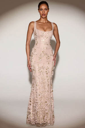 Embellished Fishtail Corset Gown in Gold