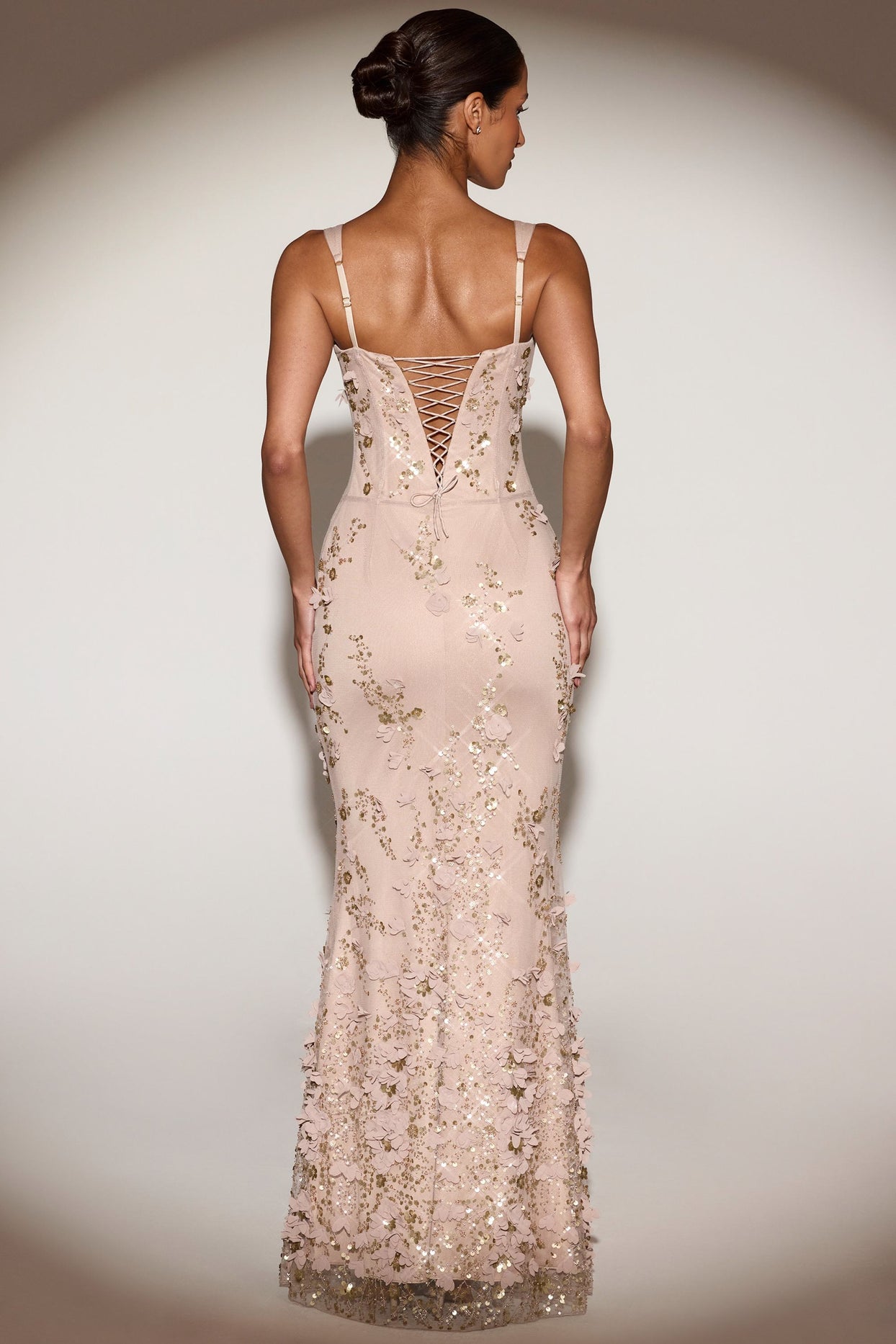Embellished Appliqué Soft-Scoop Corset Gown in Gold - 3