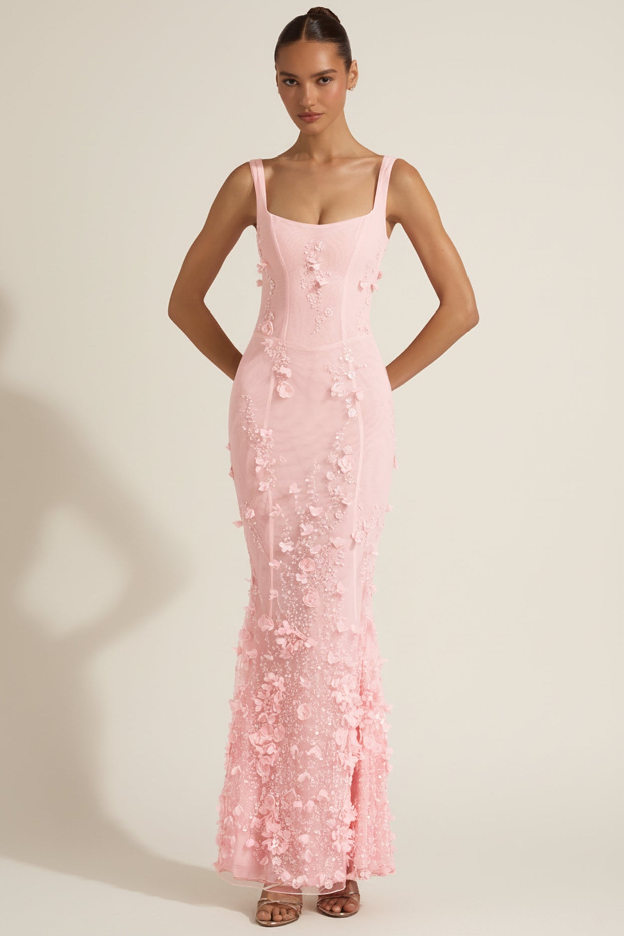 Embellished Appliqué Soft-Scoop Corset Gown in Pink - 5