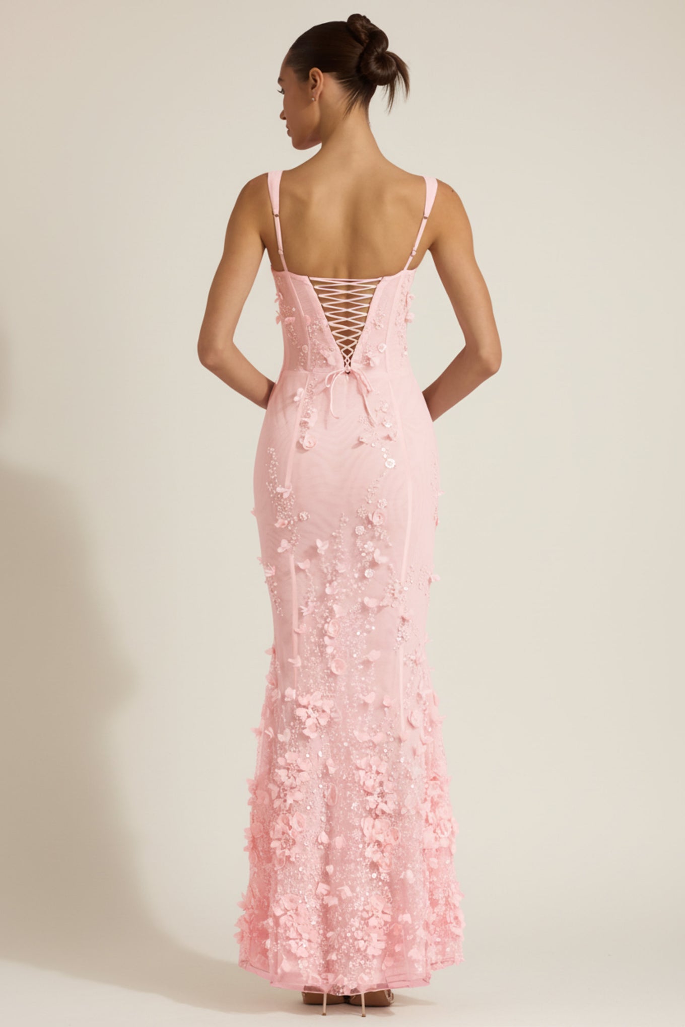 Embellished Appliqué Soft-Scoop Corset Gown in Pink - 2