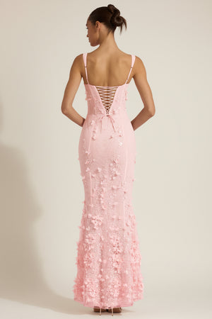 Oh Polly model Anna wearing the Vasanta Gown Length Dress in Pink Embellished fabric perfect for prom night