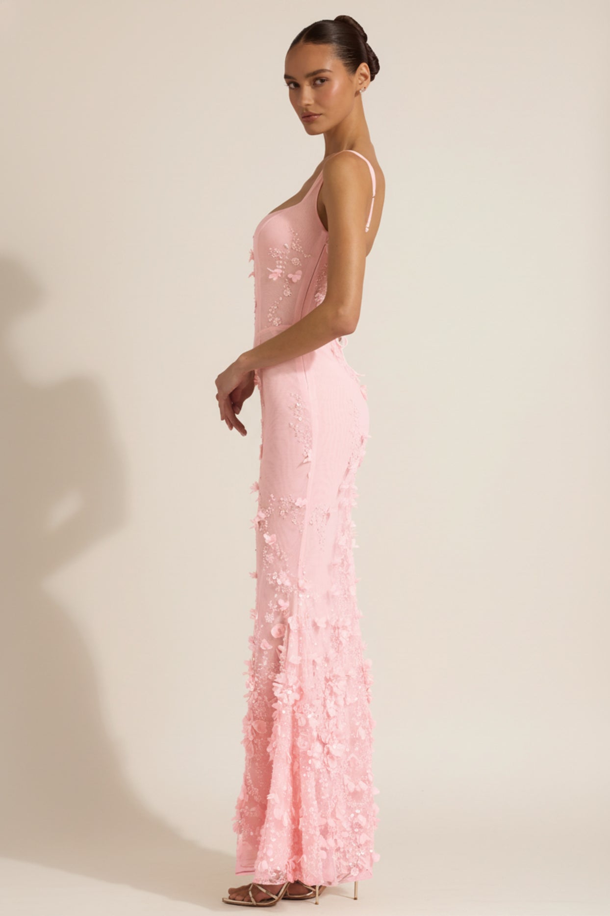 Embellished Appliqué Soft-Scoop Corset Gown in Pink - 3
