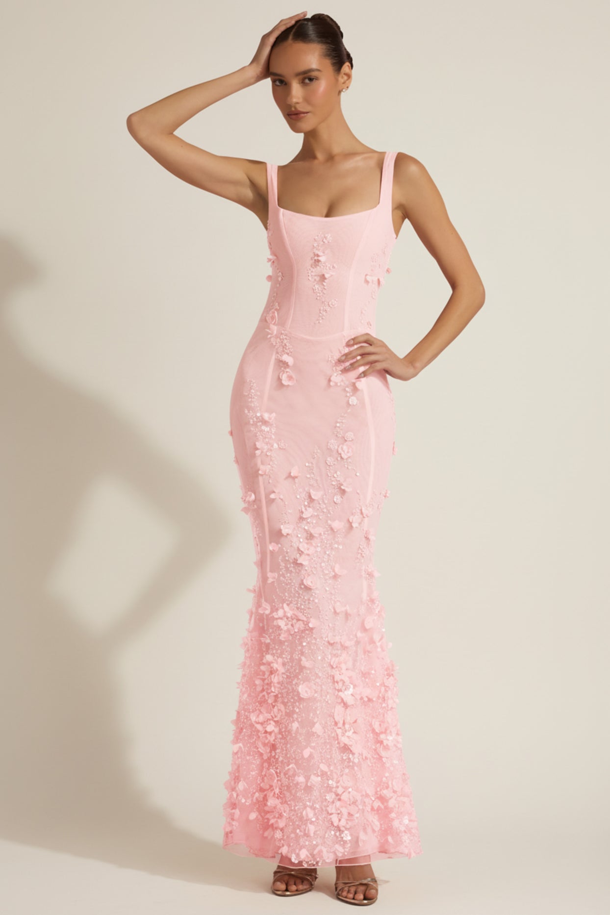 Embellished Appliqué Soft-Scoop Corset Gown in Pink - 1