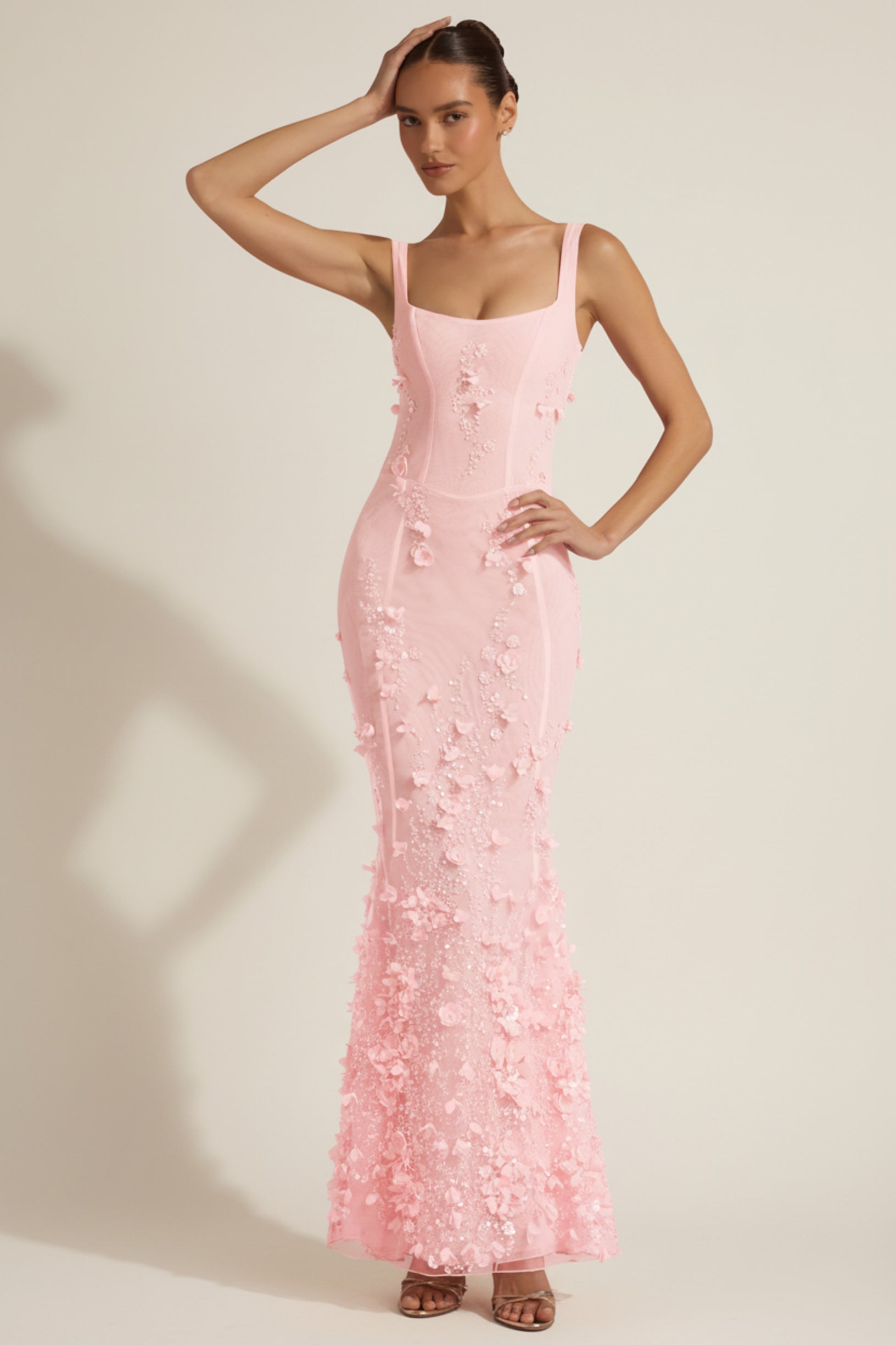 Embellished Appliqué Soft-Scoop Corset Gown in Pink - 1