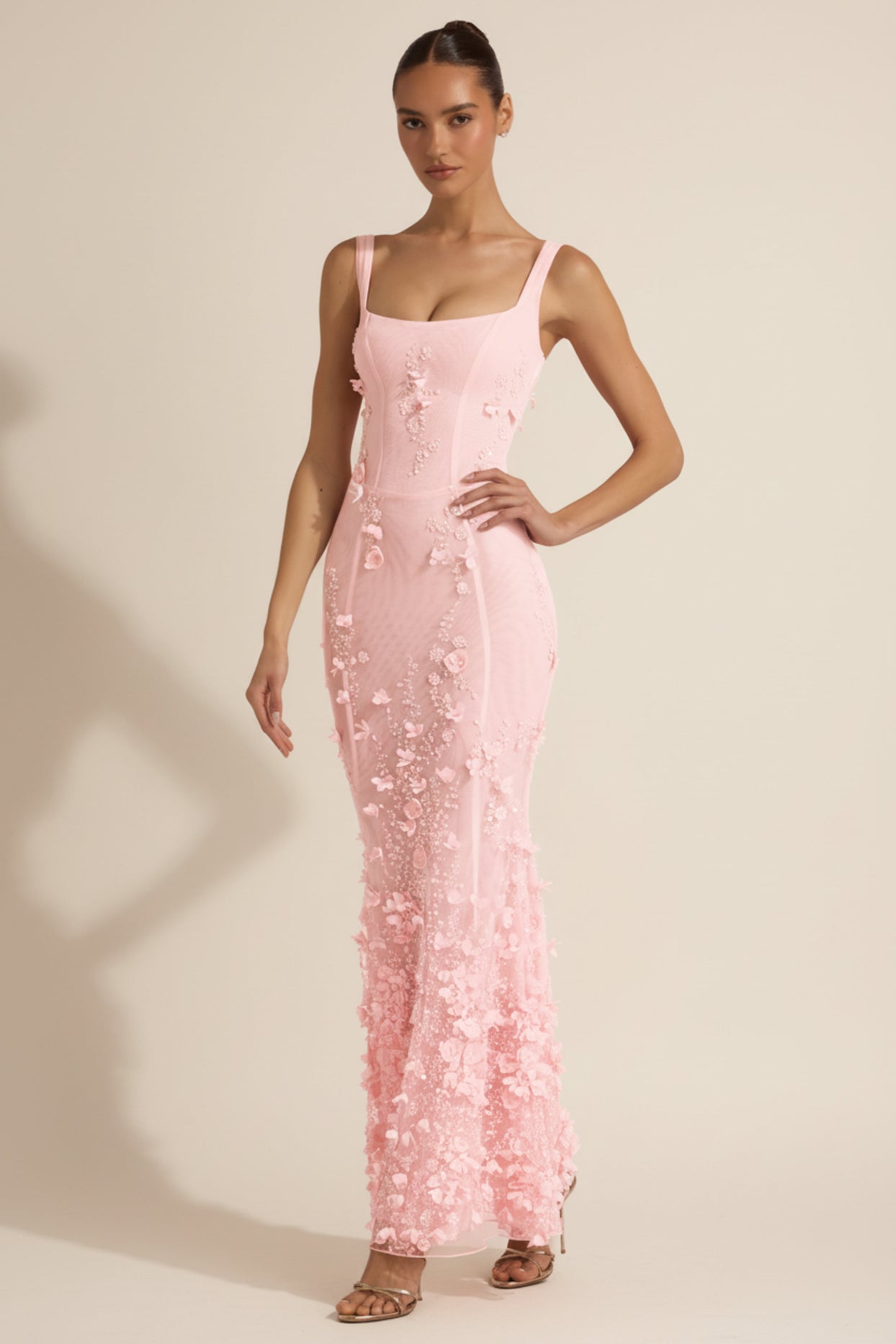 Embellished Appliqué Soft-Scoop Corset Gown in Pink - 7