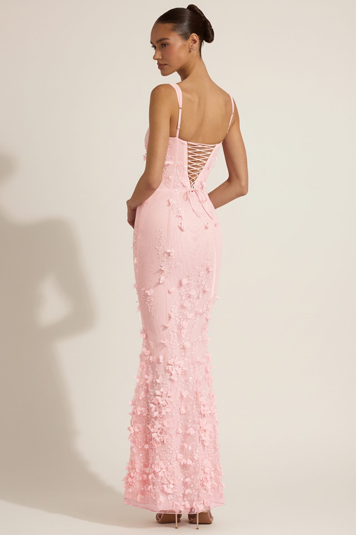 Embellished Appliqué Soft-Scoop Corset Gown in Pink - 6