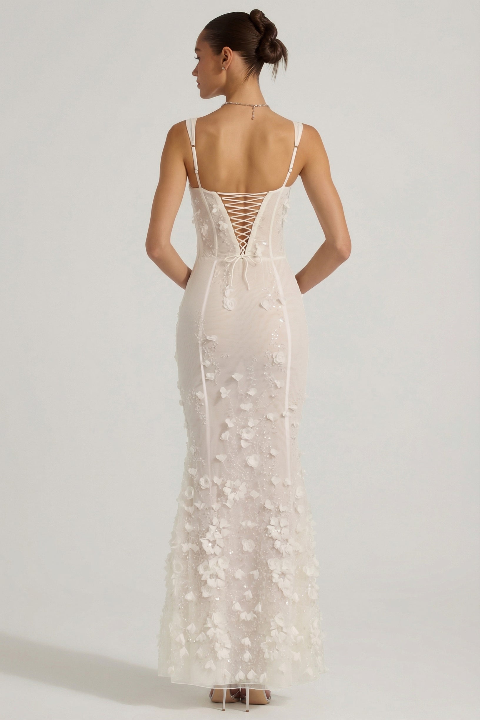 Embellished Appliqué Soft-Scoop Corset Gown in White - 2