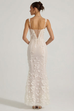 Oh Polly model Anna wearing the Vasanta Gown Length Dress in White Embellished fabric perfect for summer weddings