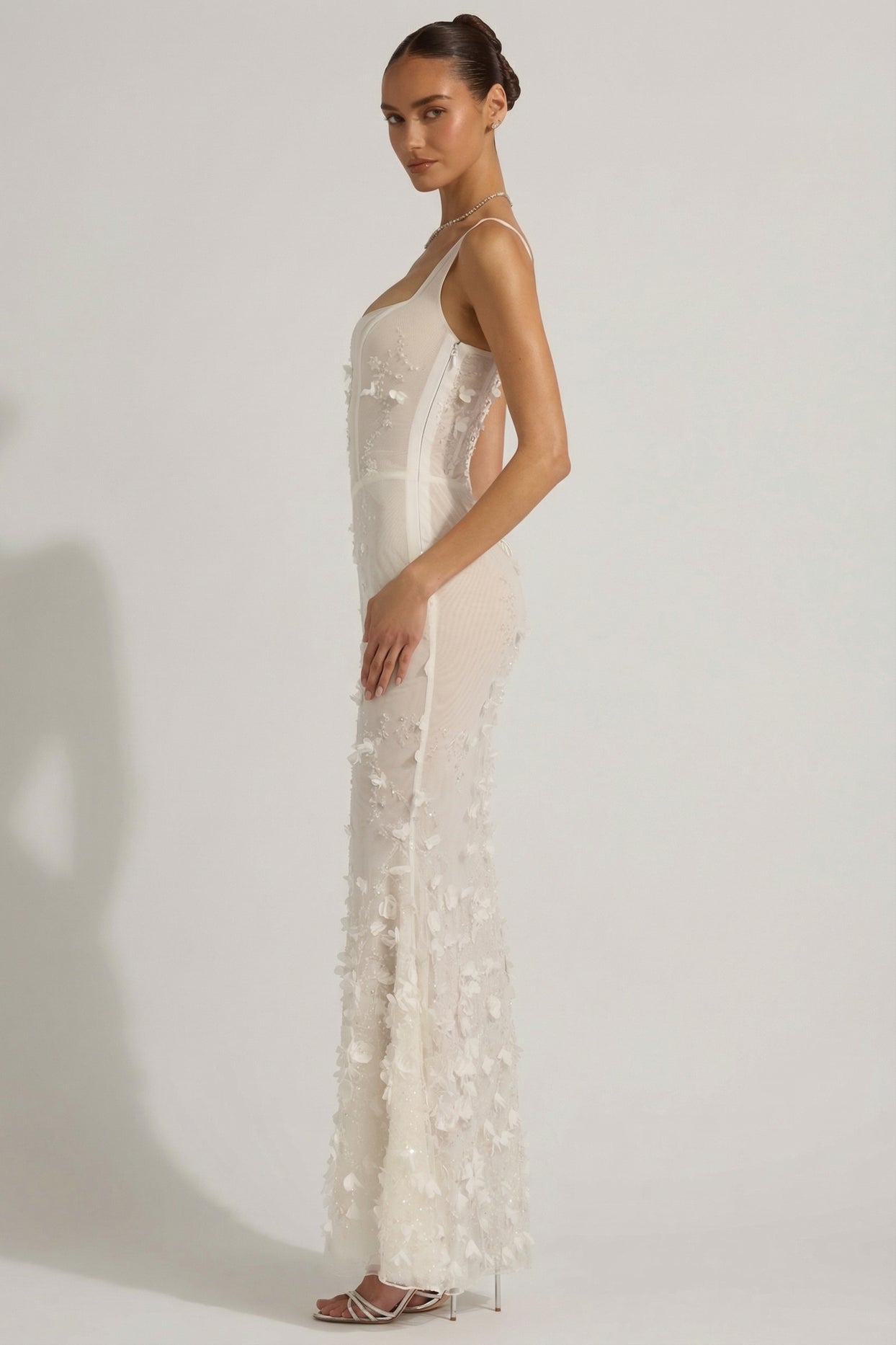 Embellished Appliqué Soft-Scoop Corset Gown in White - 3