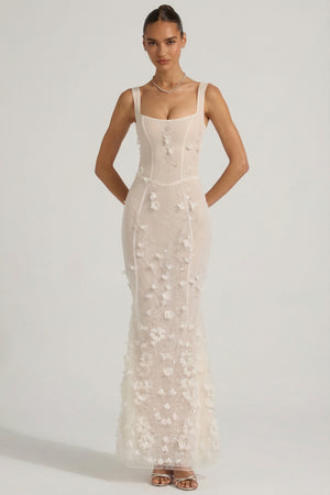 Oh Polly model Anna wearing the Vasanta Gown Length Dress in White Embellished fabric perfect for engagement parties