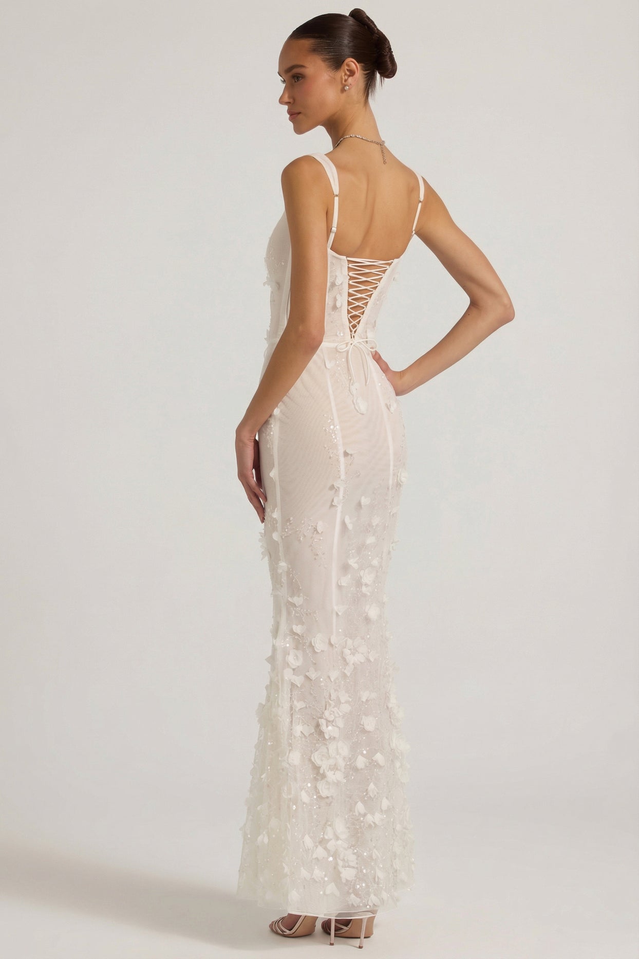 Embellished Appliqué Soft-Scoop Corset Gown in White - 5