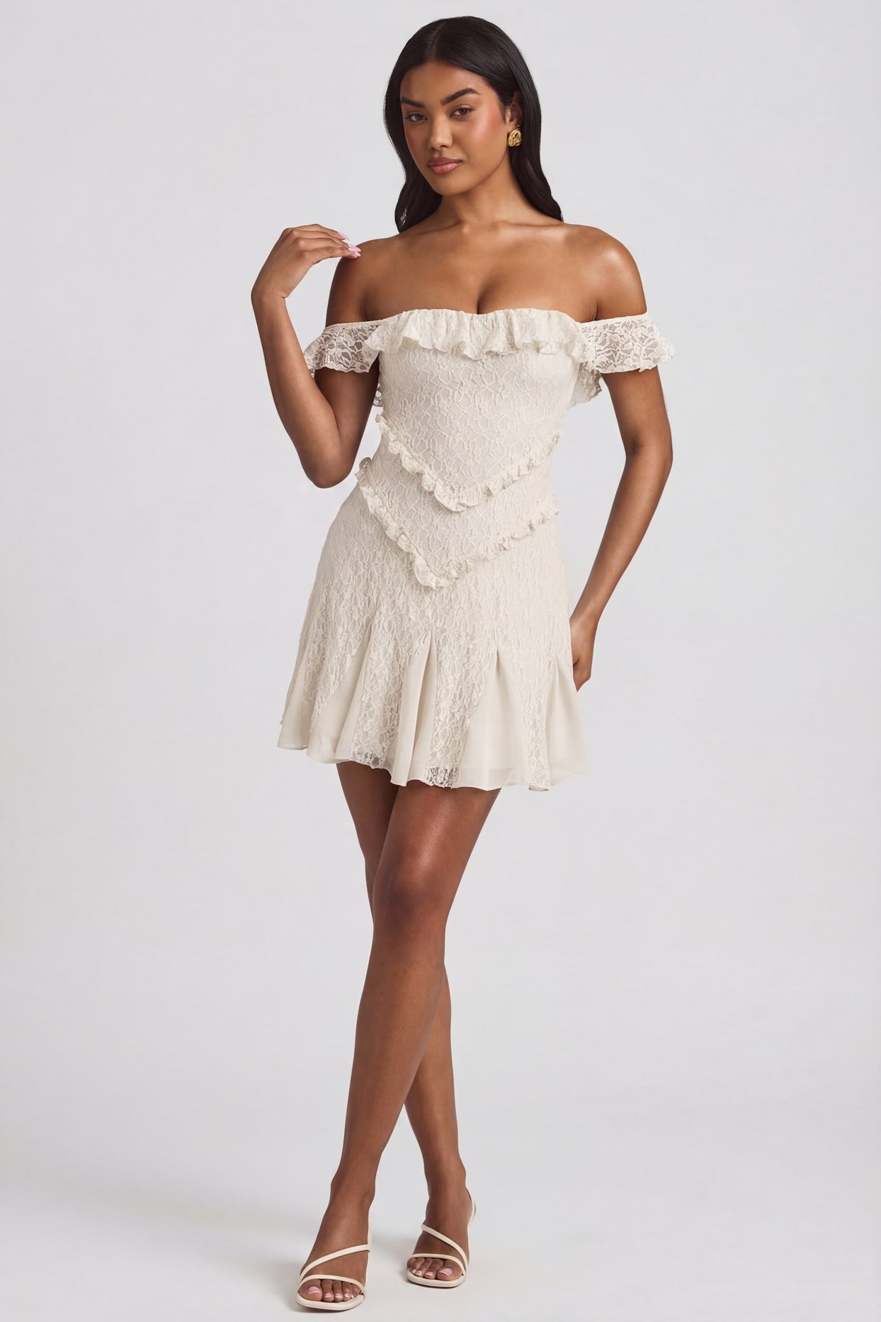 Off-Shoulder Lace A-Line Mini Dress in Ivory - 5