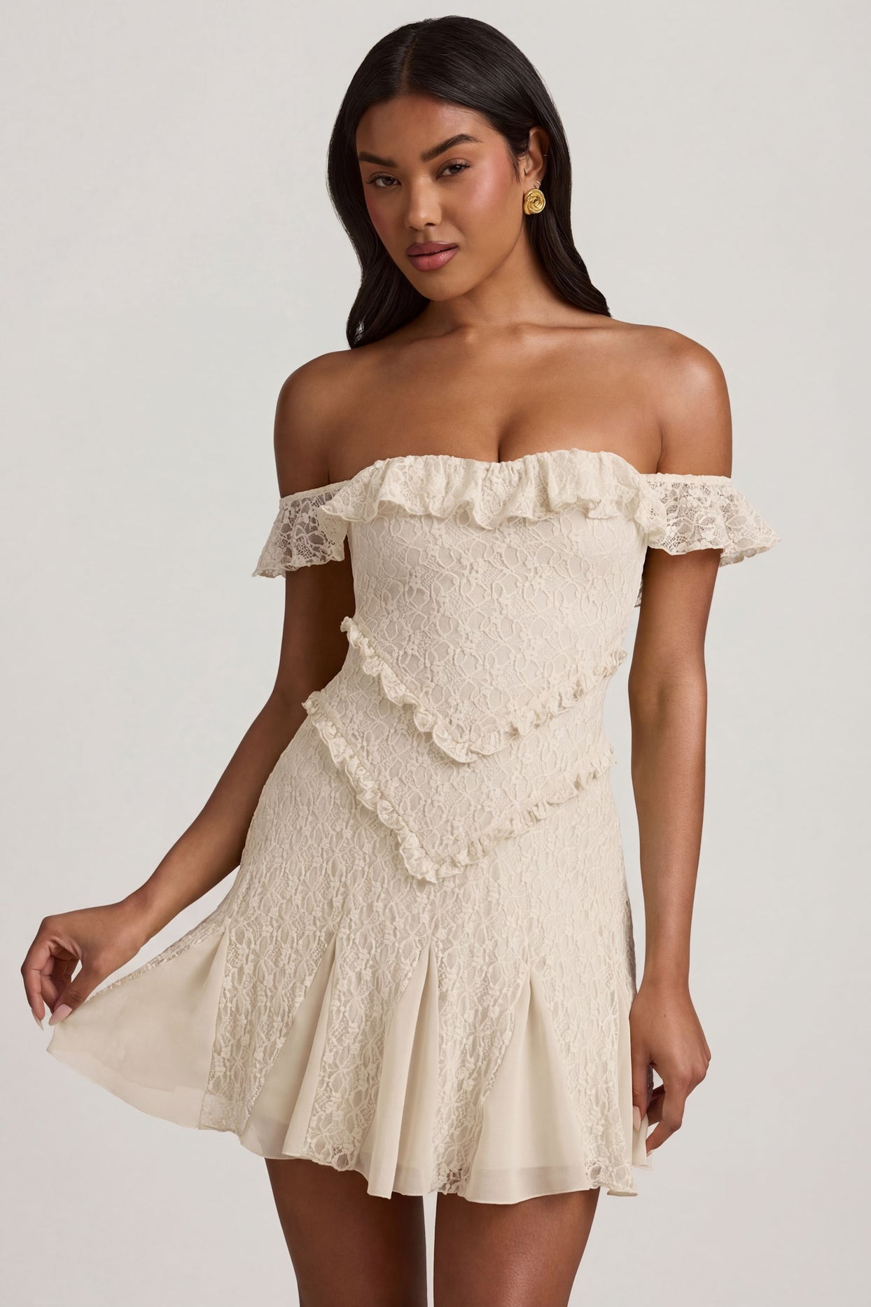 Off-Shoulder Lace A-Line Mini Dress in Ivory - 1