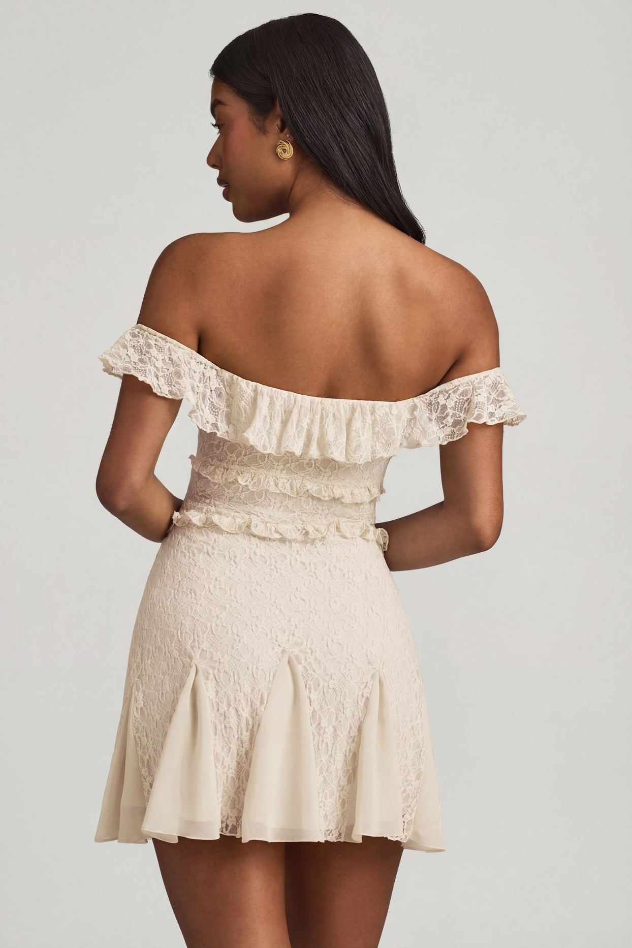 Off-Shoulder Lace A-Line Mini Dress in Ivory - 2
