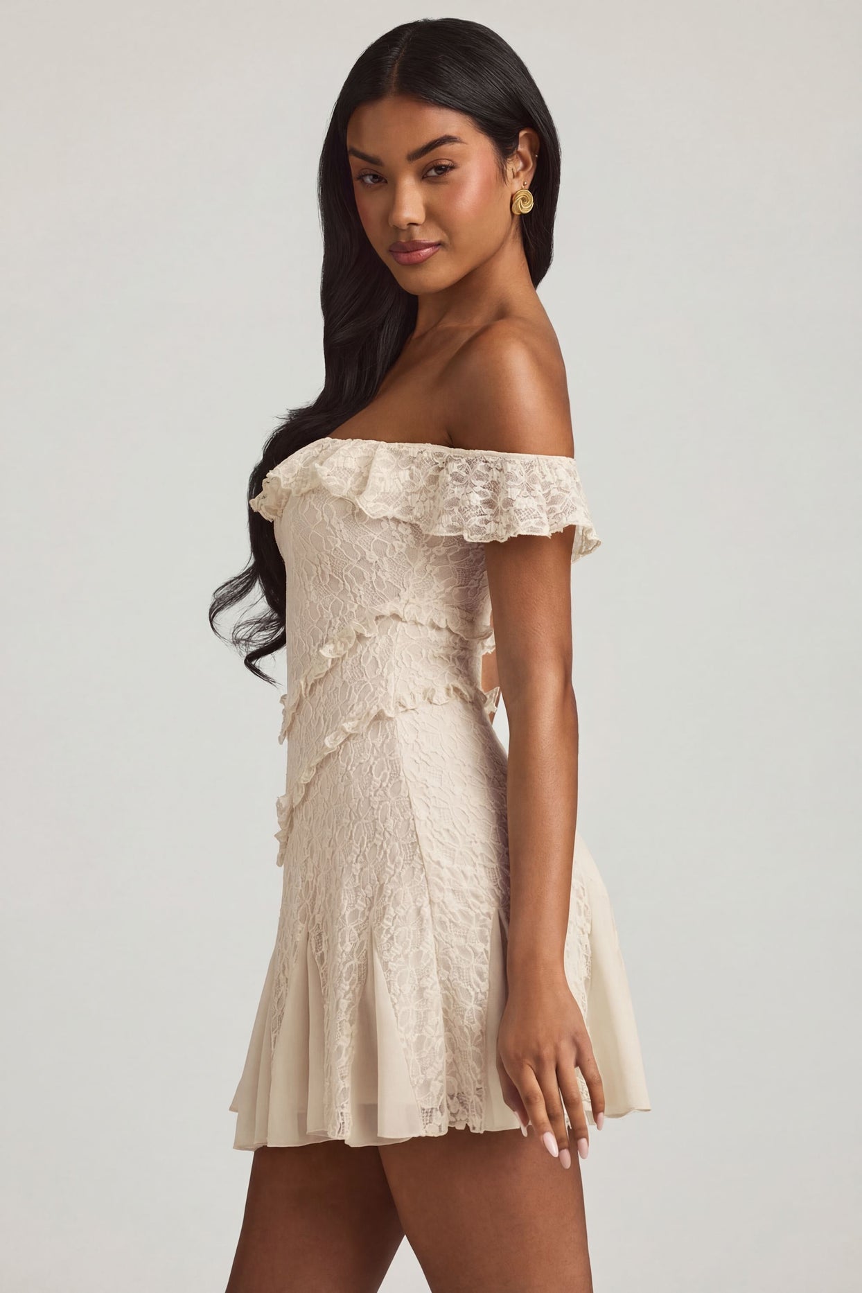 Off-Shoulder Lace A-Line Mini Dress in Ivory - 3