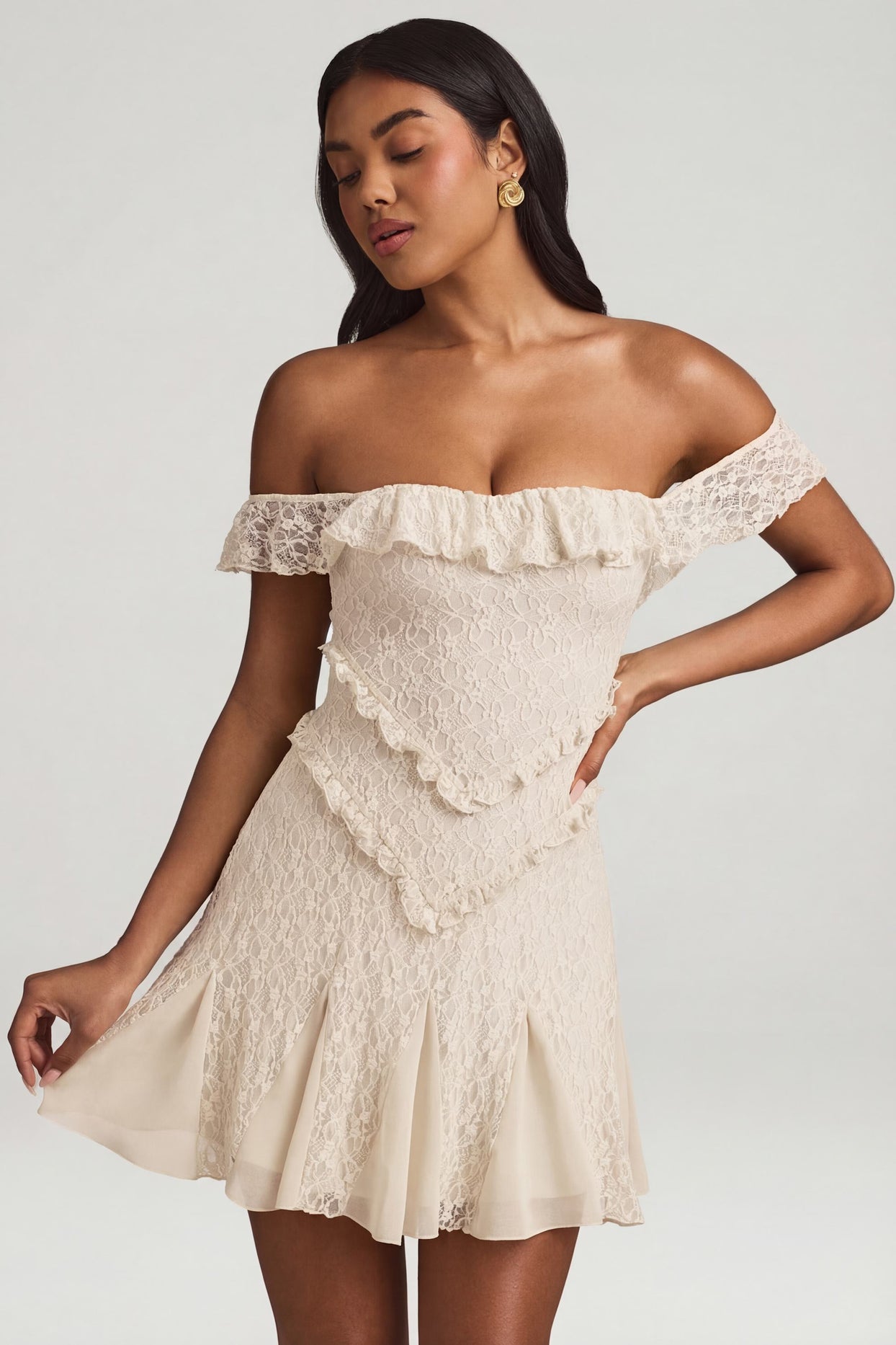 Off-Shoulder Lace A-Line Mini Dress in Ivory - 6