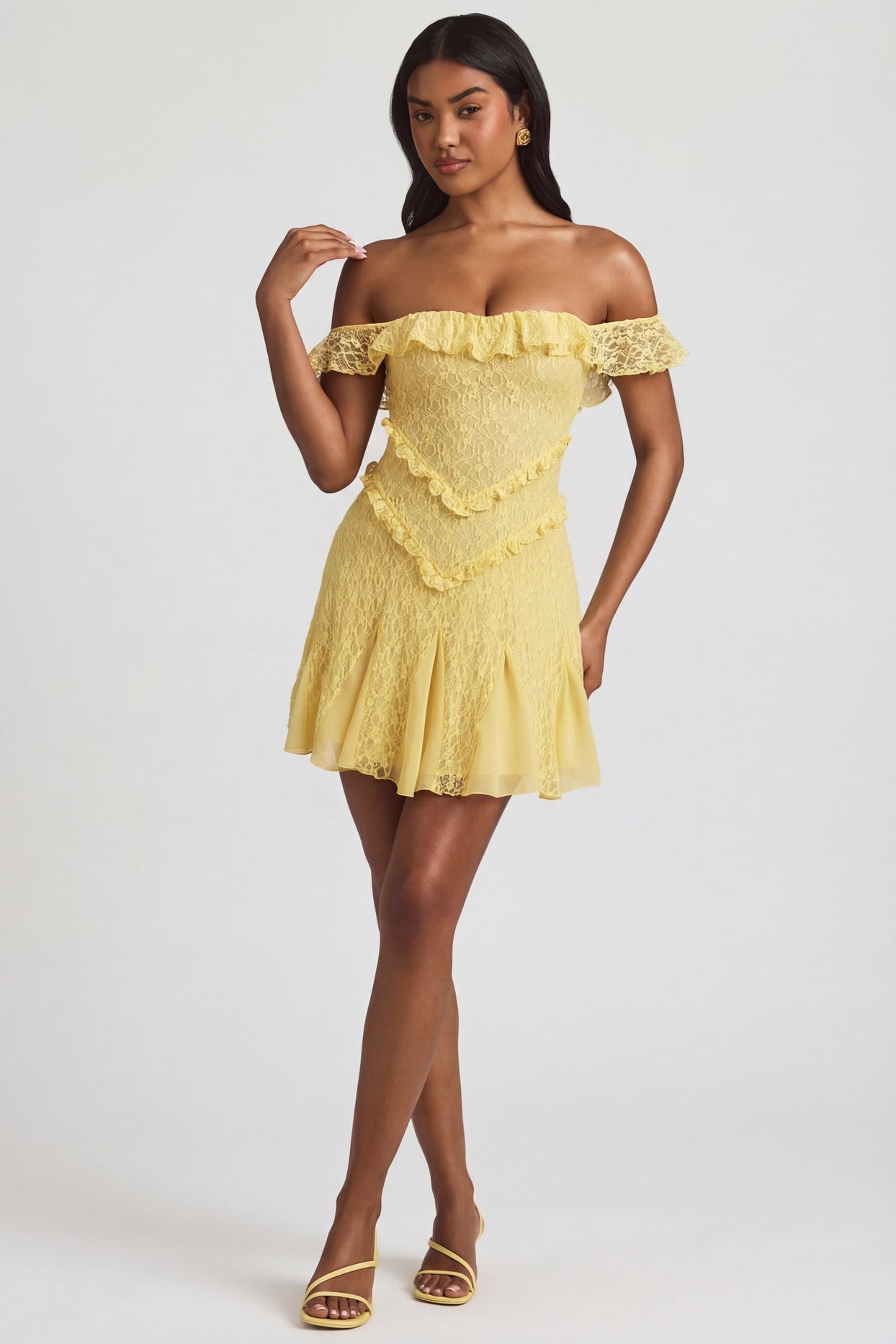 Off-Shoulder Lace A-Line Mini Dress in Pastel Yellow - 5