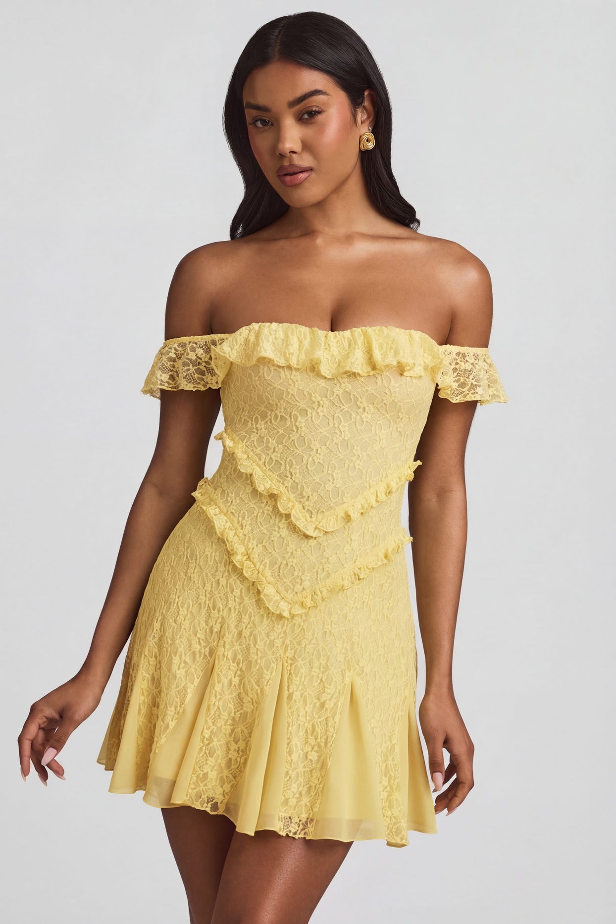 Off-Shoulder Lace A-Line Mini Dress in Pastel Yellow - 7
