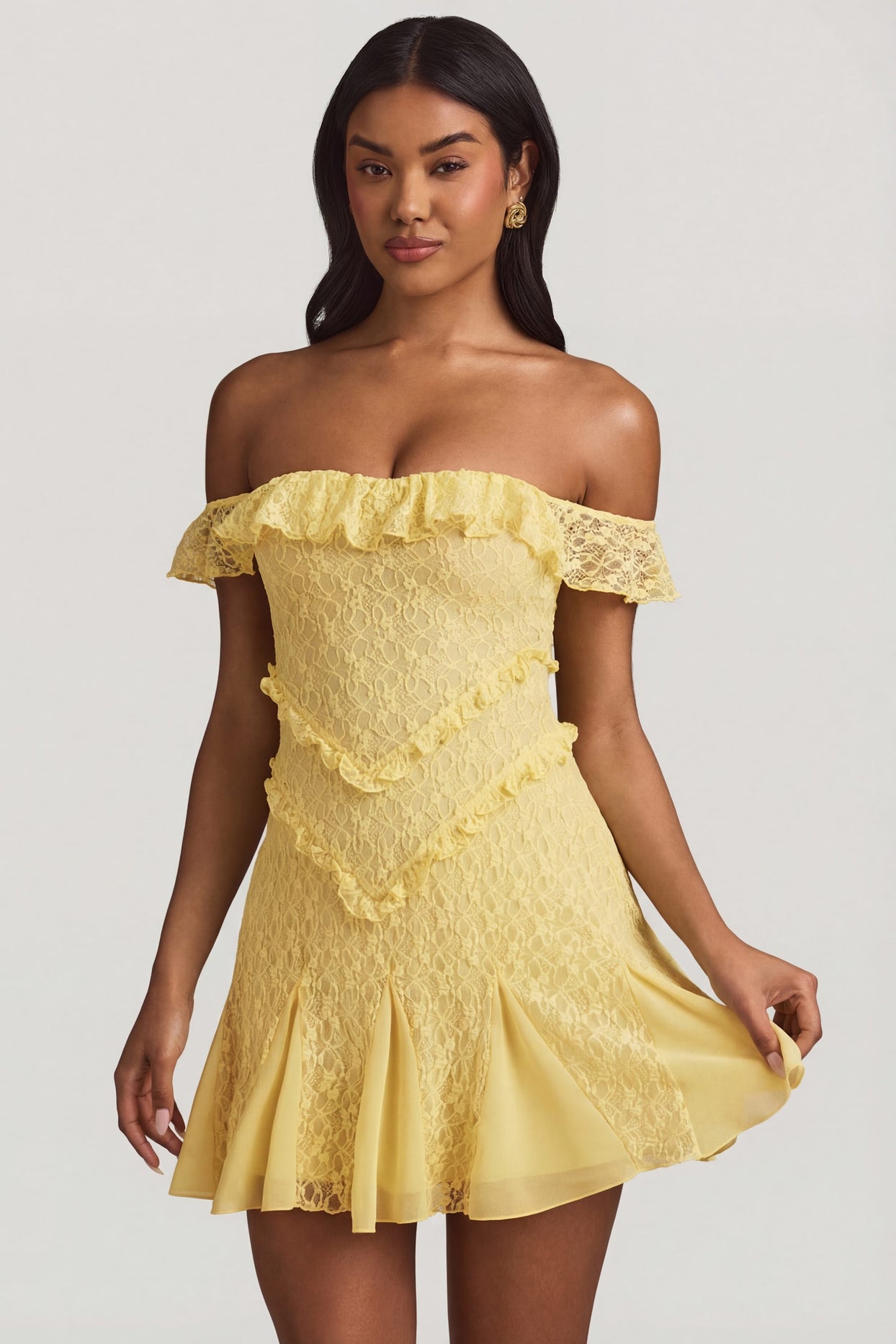 Off-Shoulder Lace A-Line Mini Dress in Pastel Yellow - 6