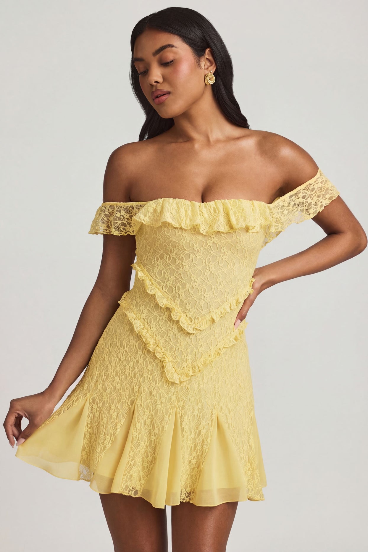 Off-Shoulder Lace A-Line Mini Dress in Pastel Yellow - 8