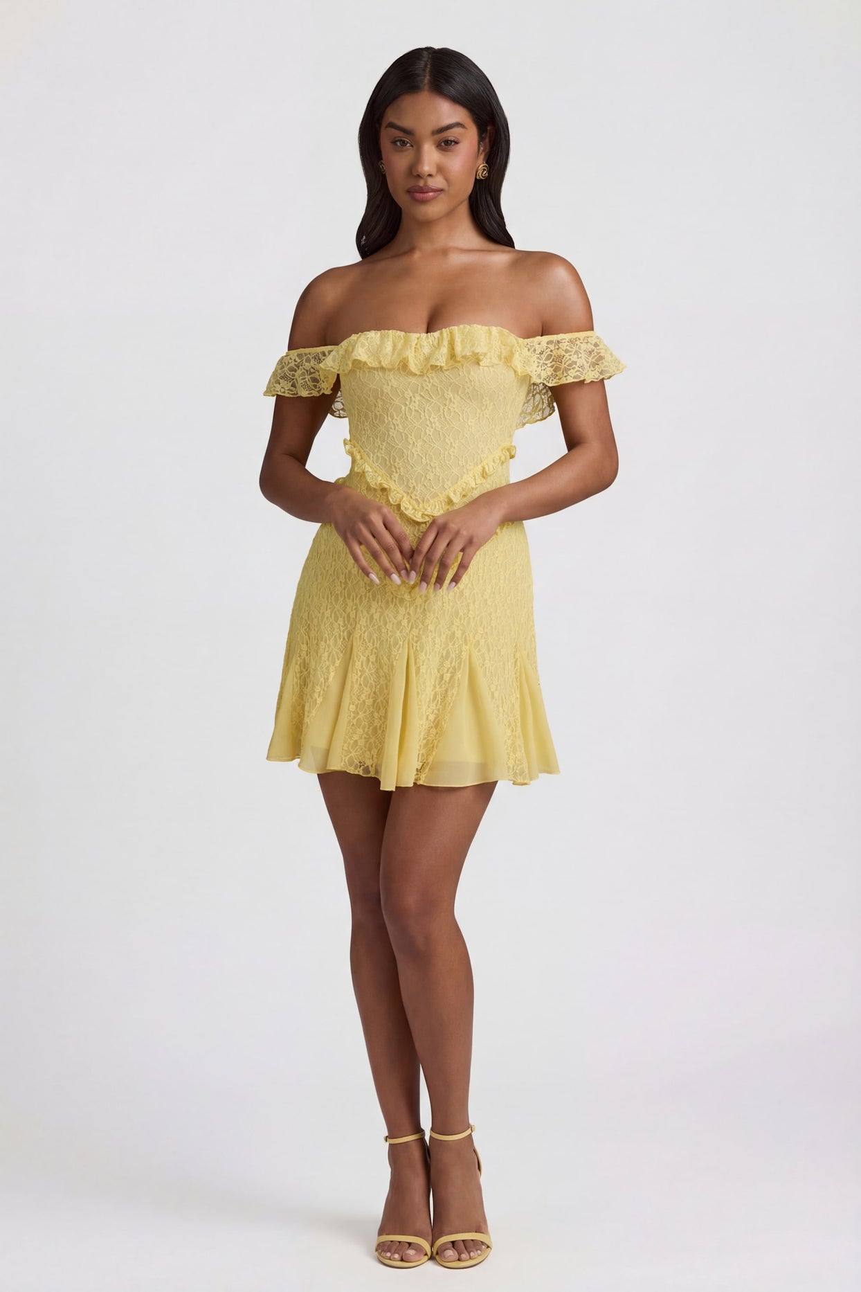 Off-Shoulder Lace A-Line Mini Dress in Pastel Yellow - 1