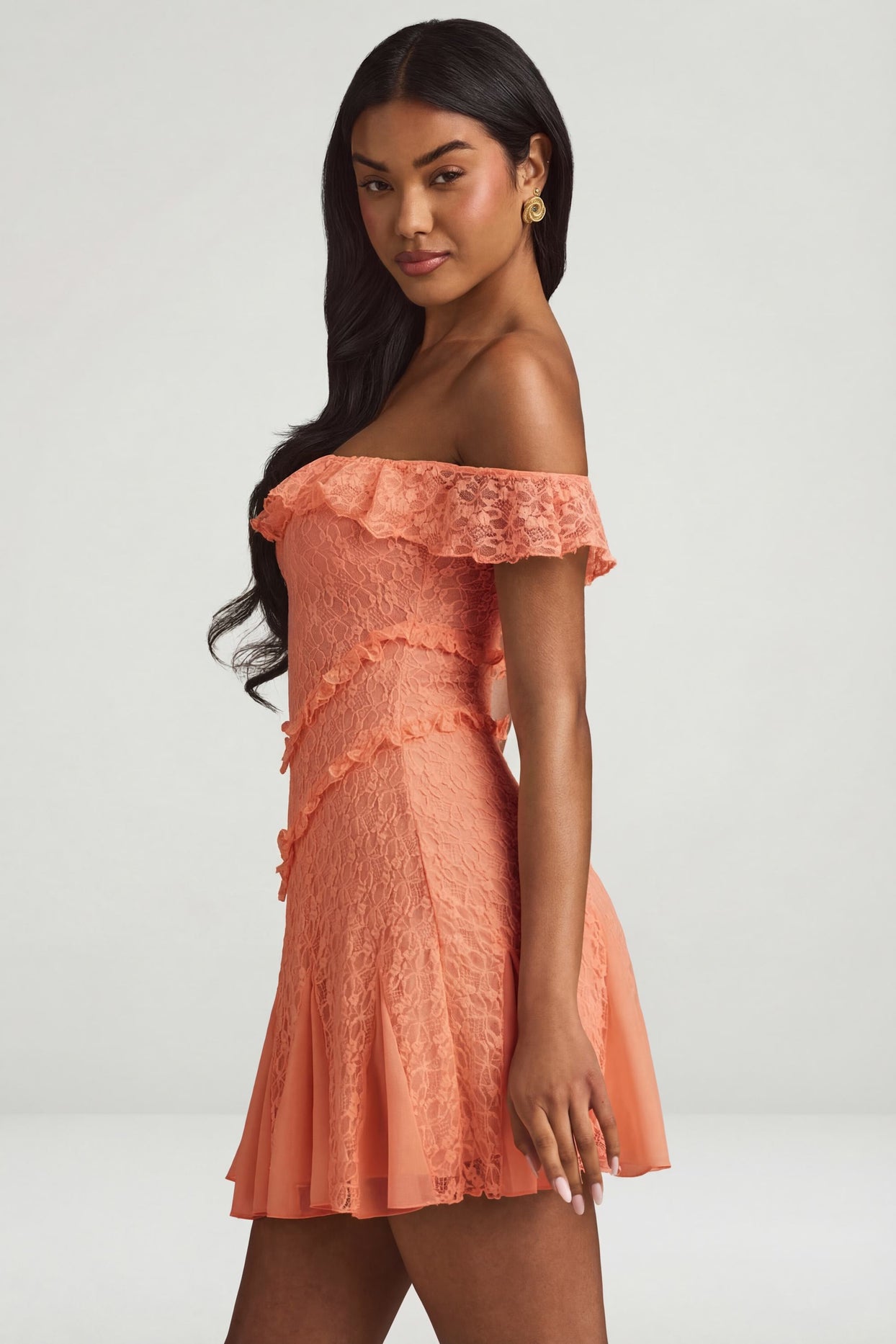 Off-Shoulder Lace A-Line Mini Dress in Peach - 3