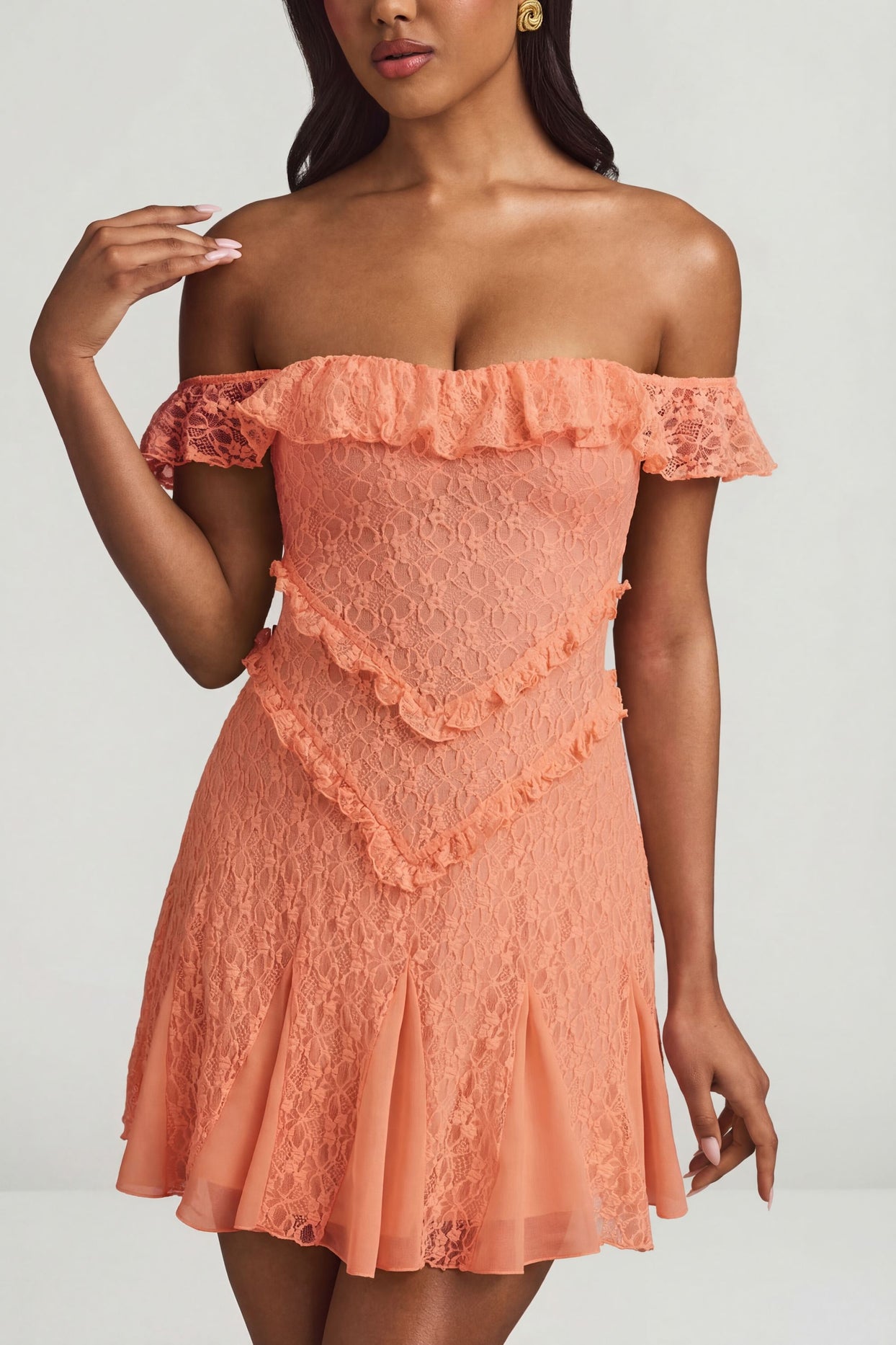 Off-Shoulder Lace A-Line Mini Dress in Peach - 4