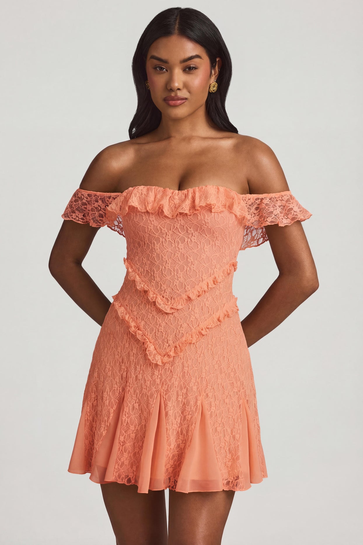 Off-Shoulder Lace A-Line Mini Dress in Peach - 6