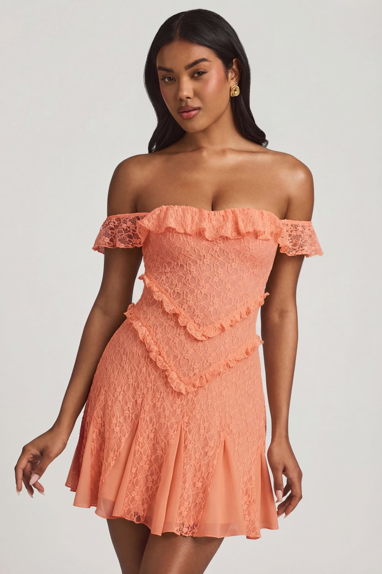 Off-Shoulder Lace A-Line Mini Dress in Peach - 7