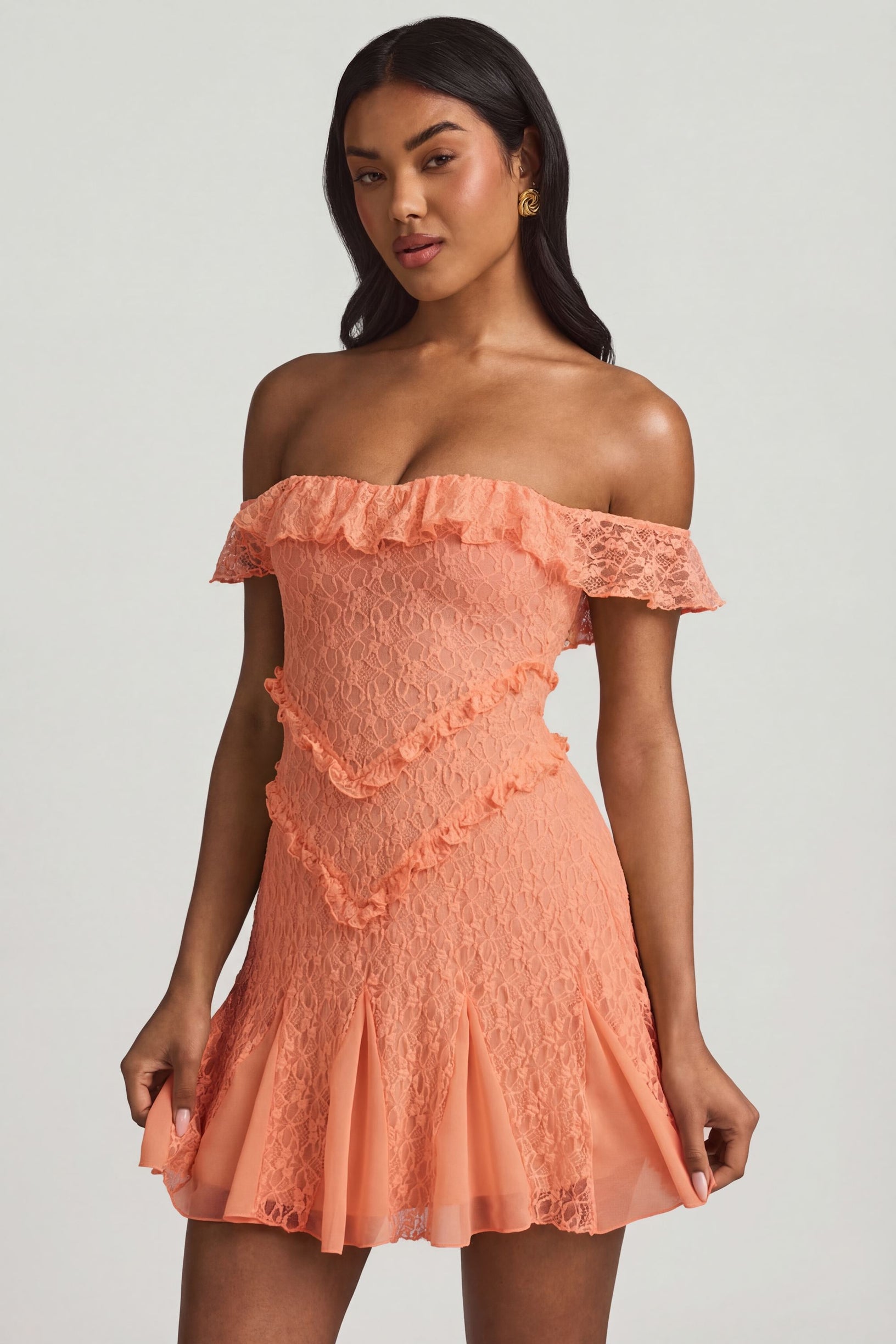 Off-Shoulder Lace A-Line Mini Dress in Peach - 1