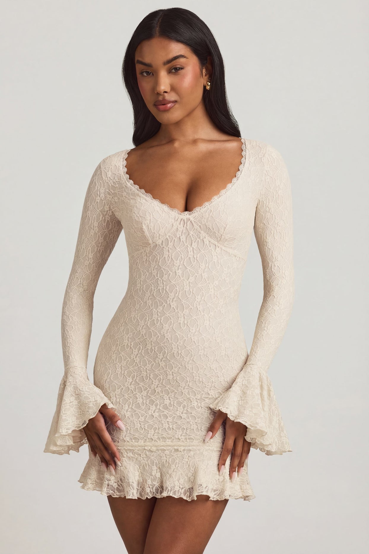 Long-Sleeve Ruffled Lace Mini Dress in Ivory - 6
