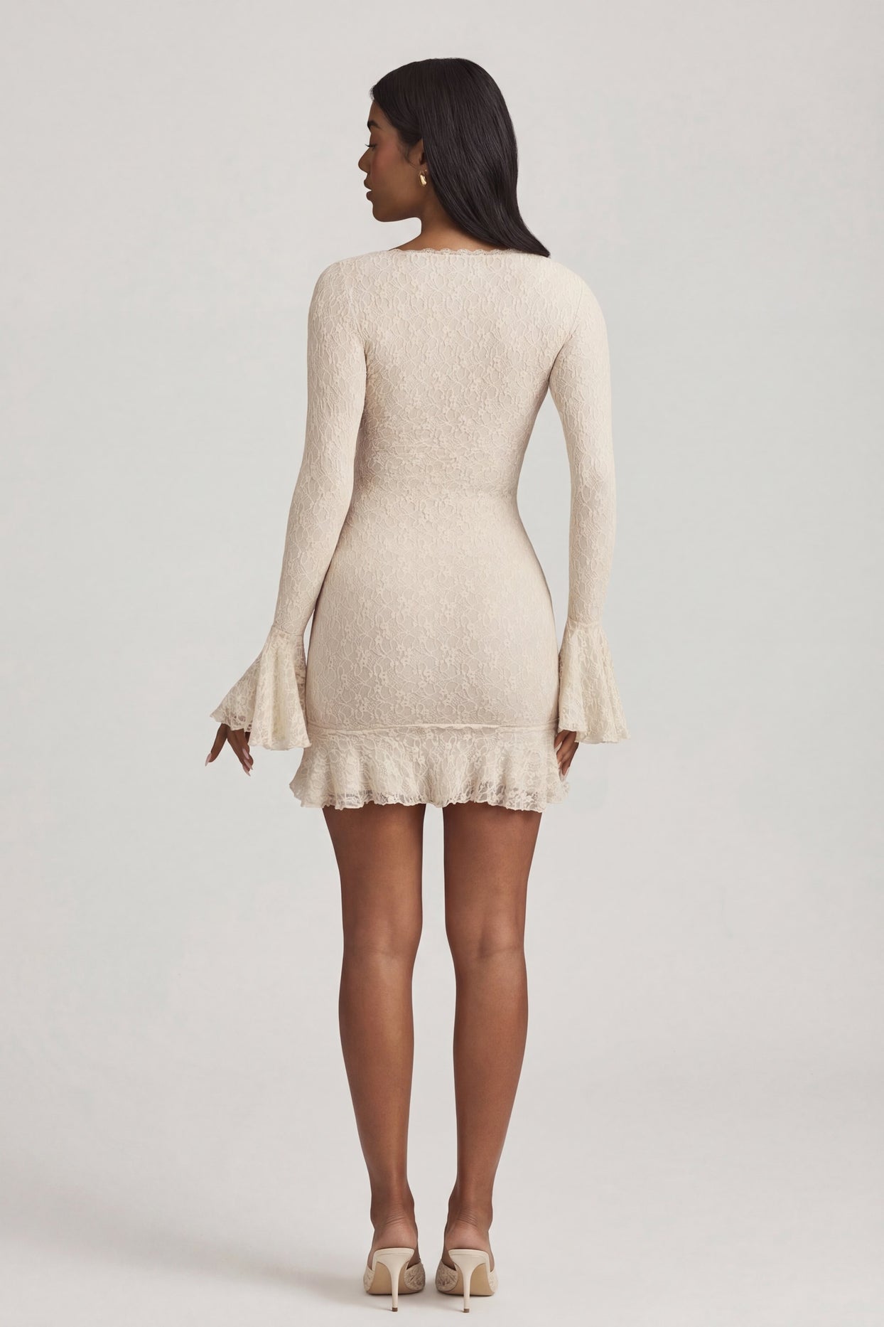 Long-Sleeve Ruffled Lace Mini Dress in Ivory - 7