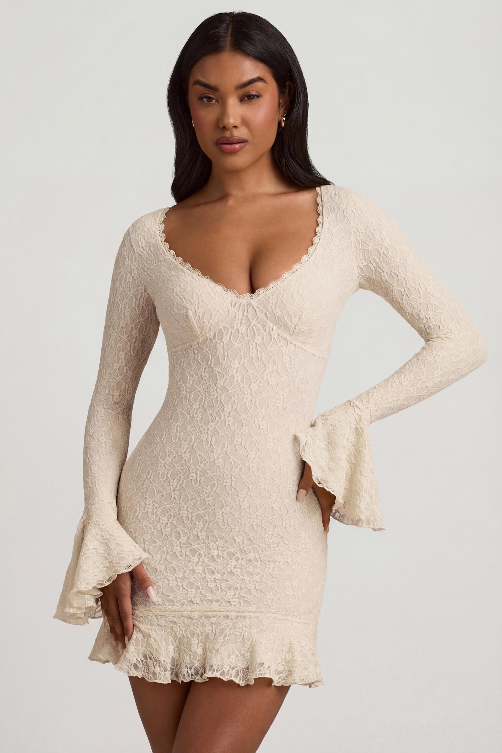 Long-Sleeve Ruffled Lace Mini Dress in Ivory - 1