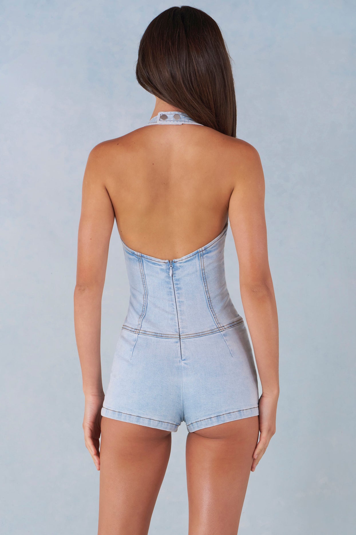 Button-Down Halterneck Playsuit in Light Denim - 7
